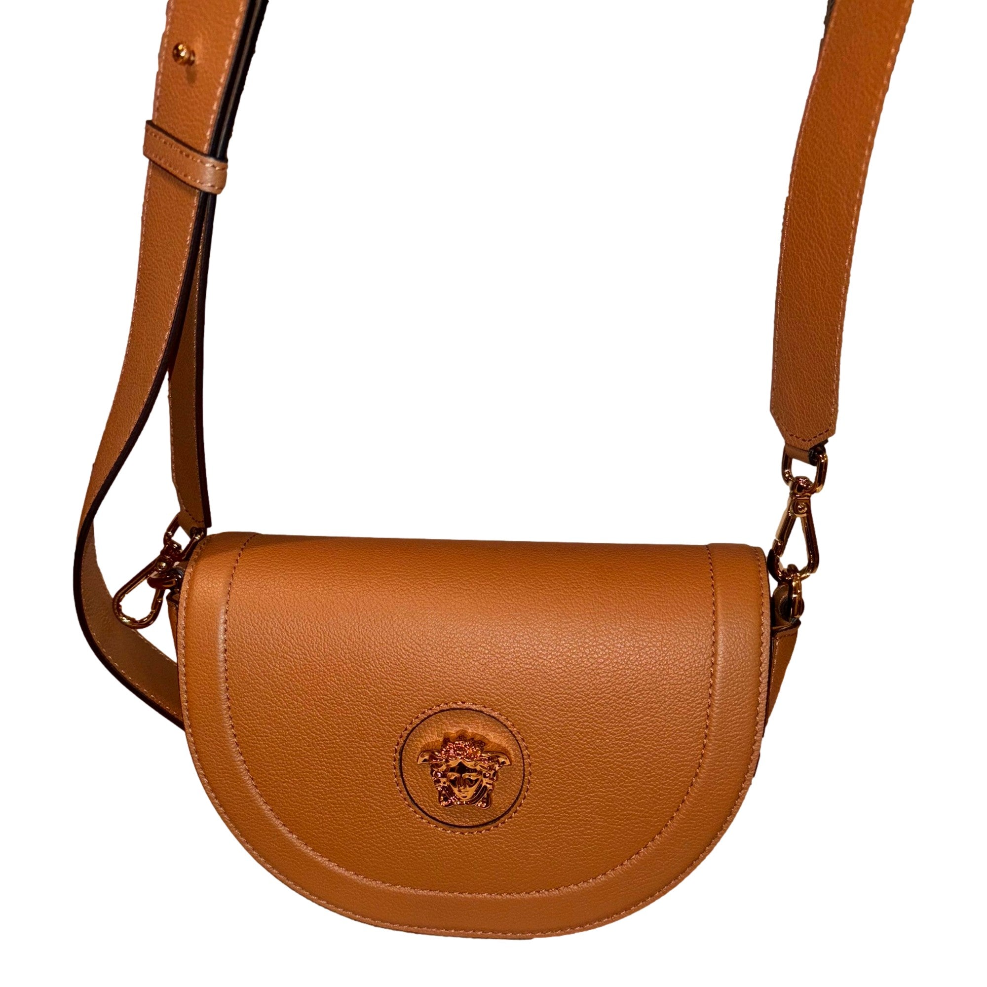 Versace Half-Moon La Medusa Vitello Leather Summer Nude Brown Crossbody Handbag -   Shop Bags LLC