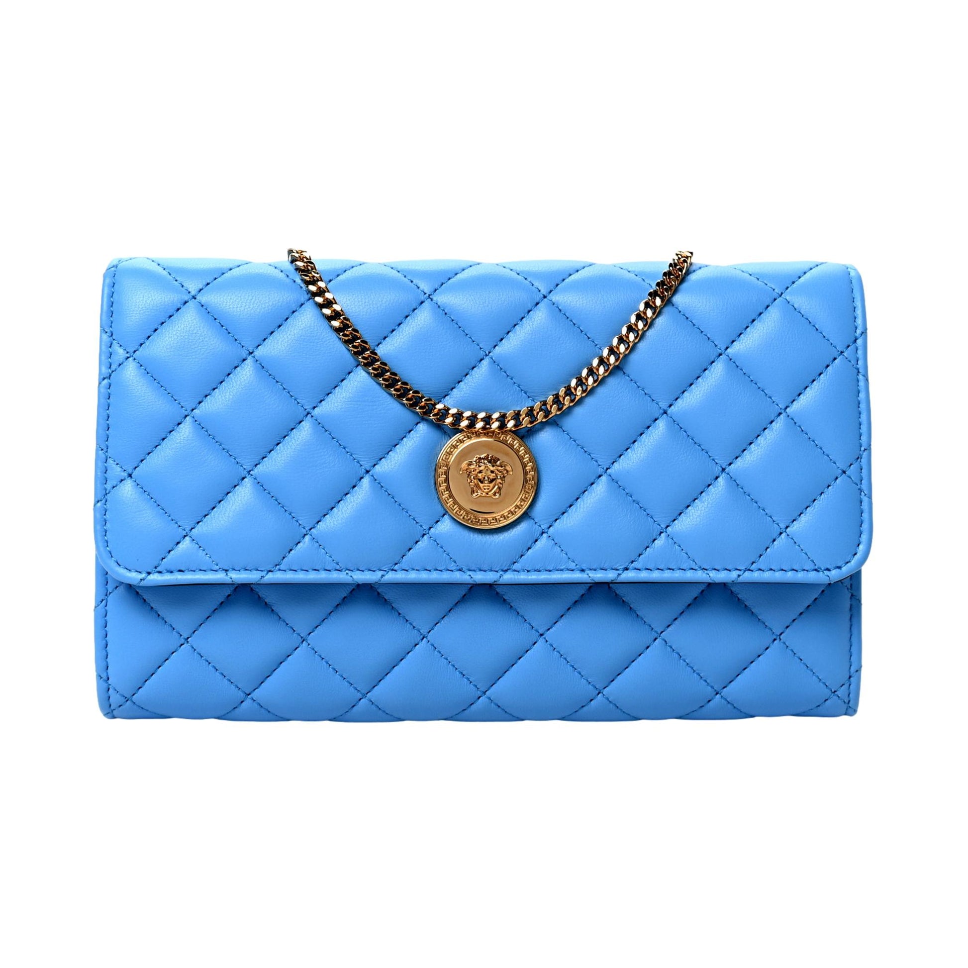 Versace La Medusa Crossbody Clutch Bag - Elegant Blue Quilted Leather -   Shop Bags LLC 