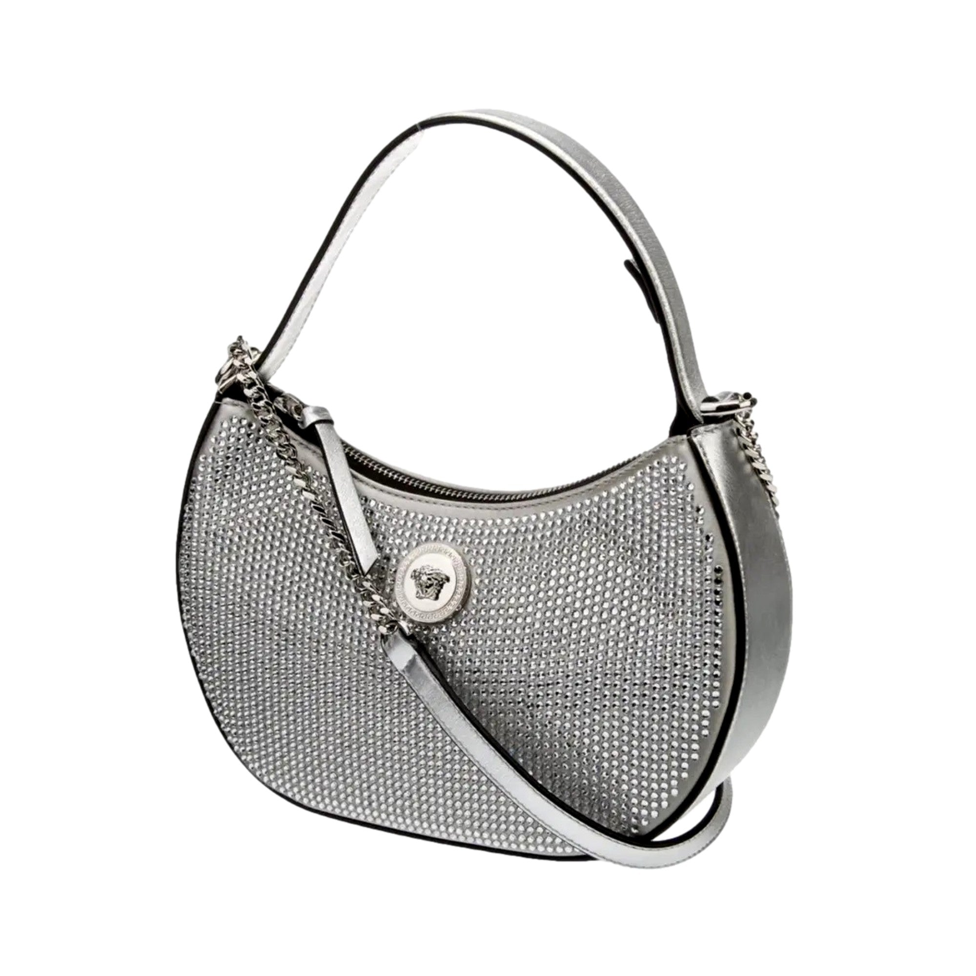 Versace La Medusa Crystal Half Moon Hobo Bag: Chic Silver Elegance -   Shop Bags 