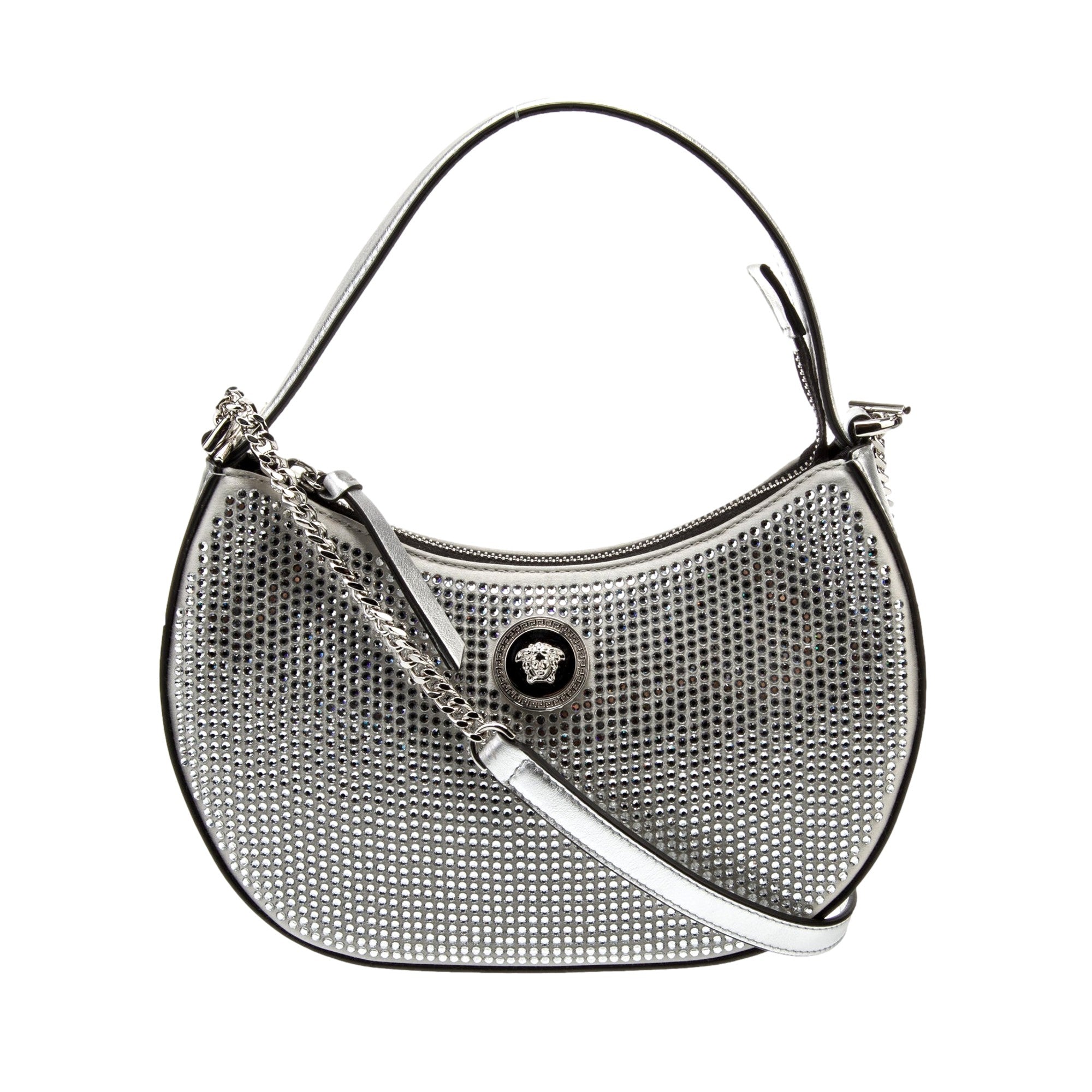 Versace La Medusa Crystal Half Moon Hobo Bag: Chic Silver Elegance -   Shop Bags 