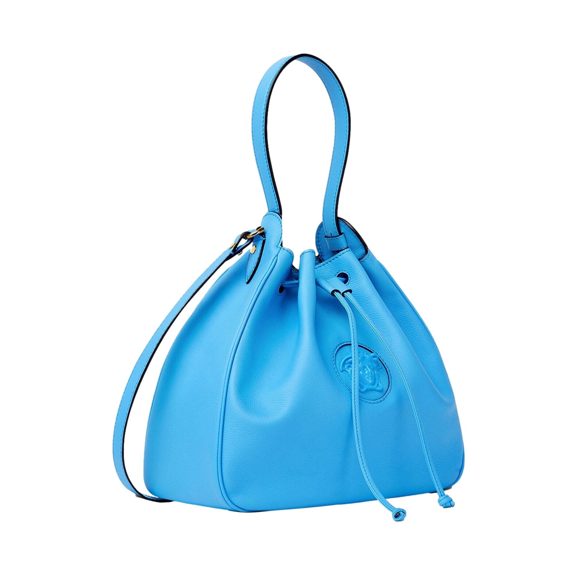 Versace La Medusa Leather Bucket Bag - Stylish & Functional Blue Bag -   Shop Bags LLC 