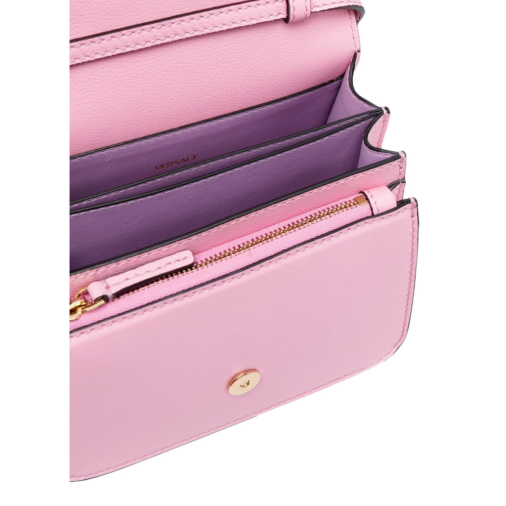 Versace La Medusa Logo Plaque Pink Pebbled Leather Crossbody Bag -   Shop Bags 
