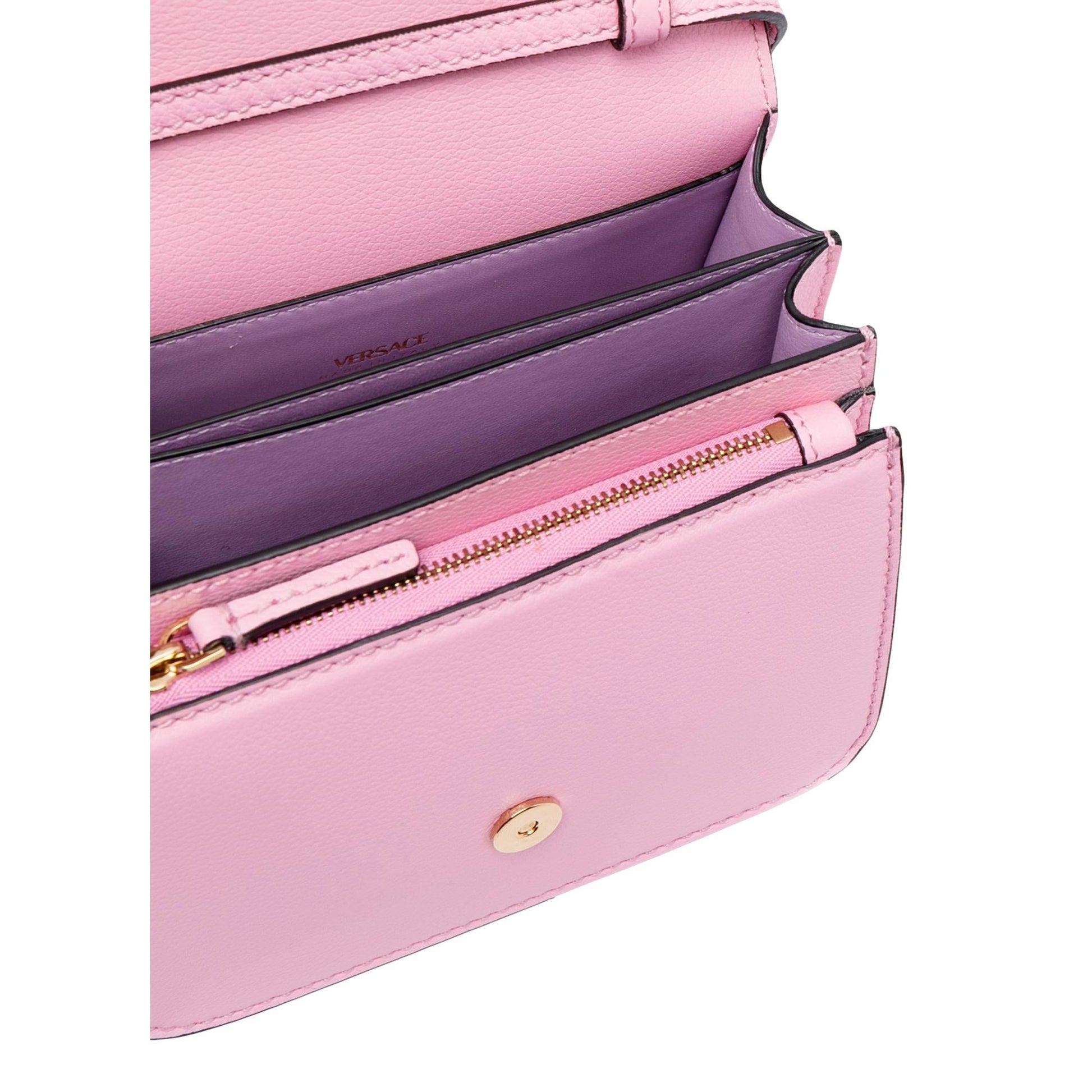 Versace La Medusa Logo Plaque Pink Pebbled Leather Crossbody Bag -   Shop Bags 