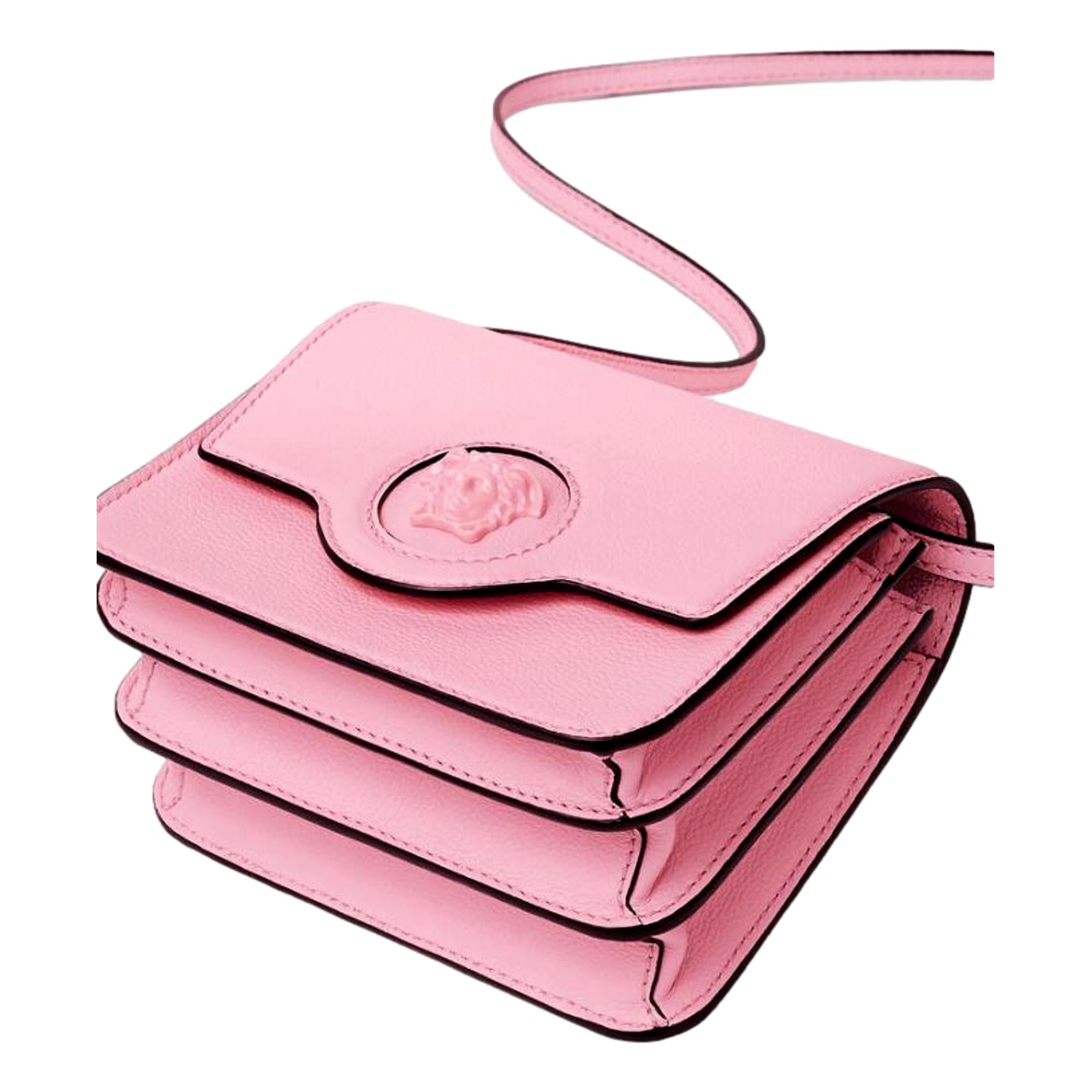 Versace La Medusa Logo Plaque Pink Pebbled Leather Crossbody Bag -   Shop Bags 