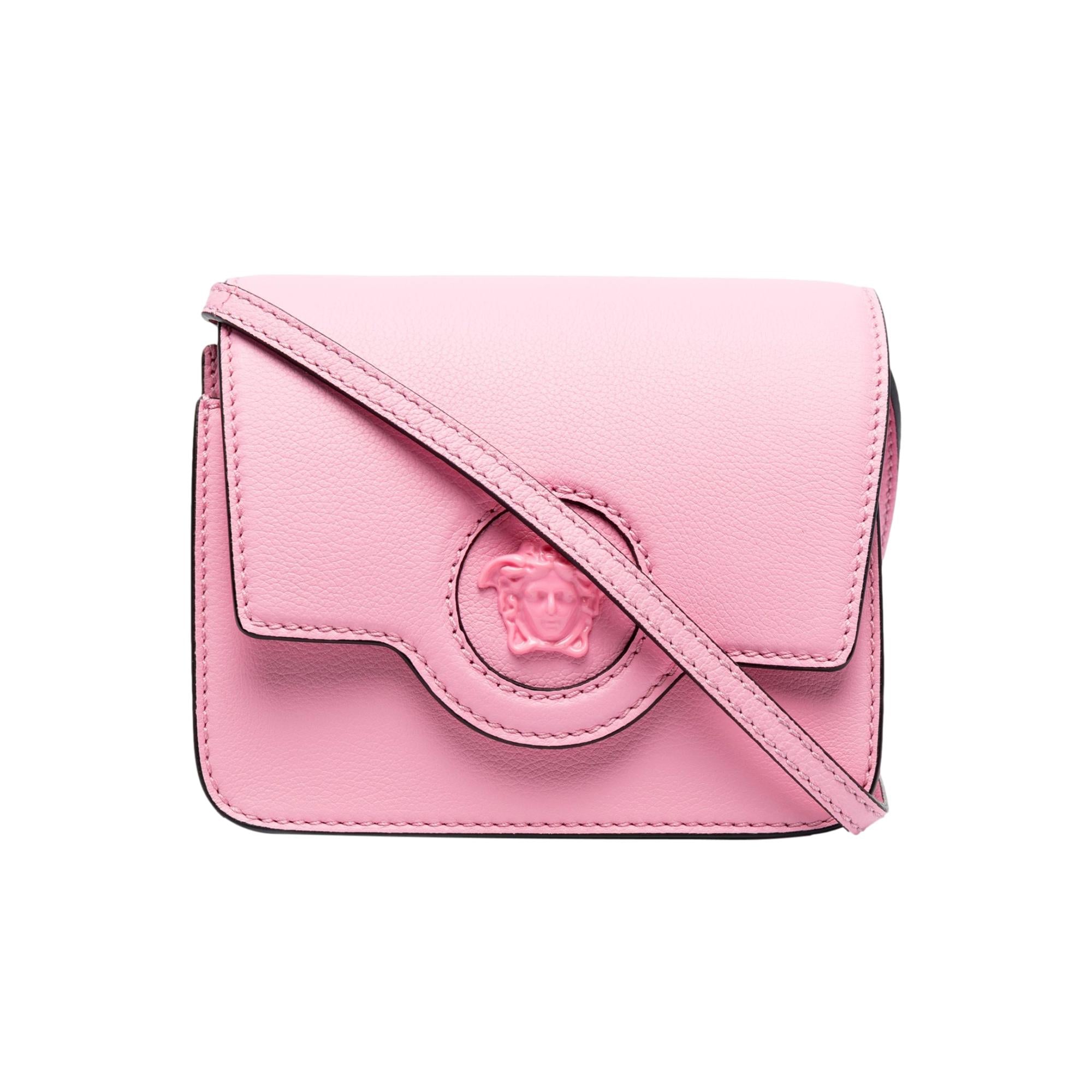 Versace La Medusa Logo Plaque Pink Pebbled Leather Crossbody Bag -   Shop Bags 