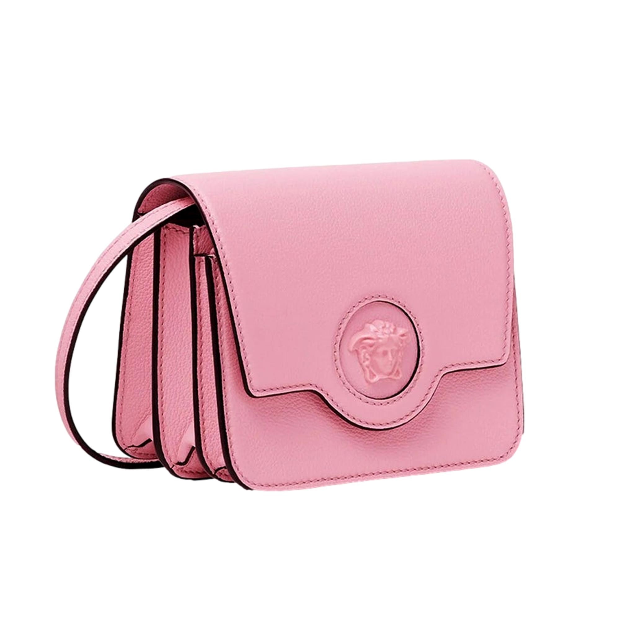 Versace La Medusa Logo Plaque Pink Pebbled Leather Crossbody Bag -   Shop Bags 