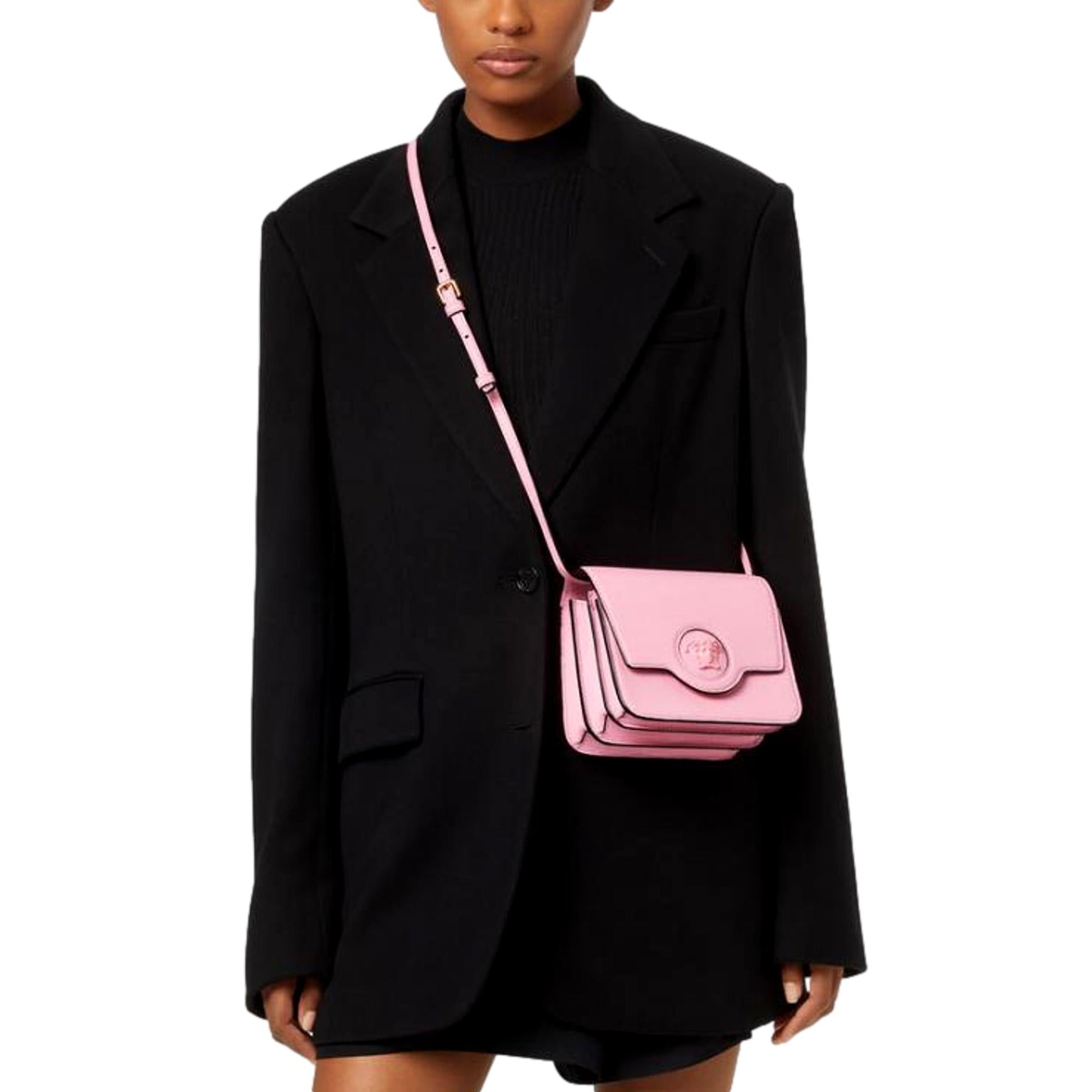 Versace La Medusa Logo Plaque Pink Pebbled Leather Crossbody Bag -   Shop Bags 