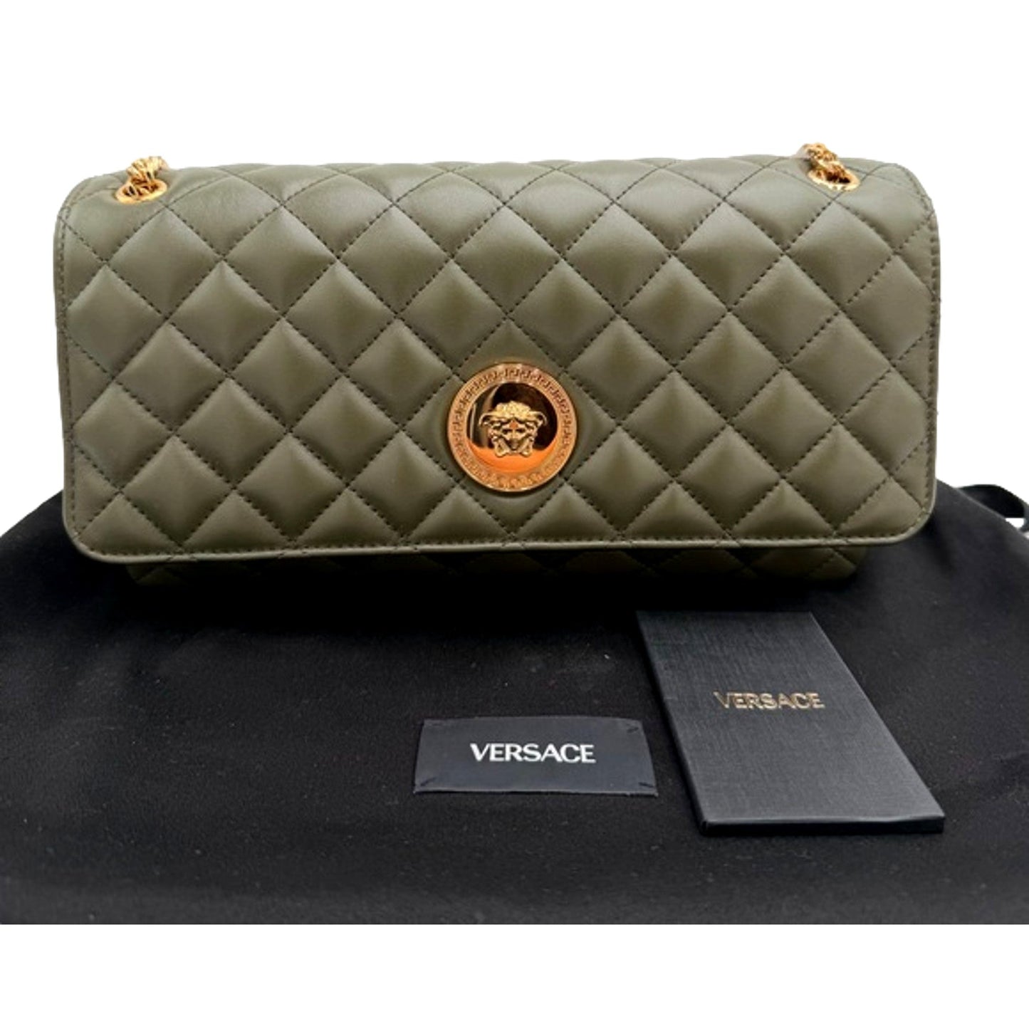 Versace La Medusa Olive Green Quilted Crossbody Bag - Luxury -   Shop Bags LLC