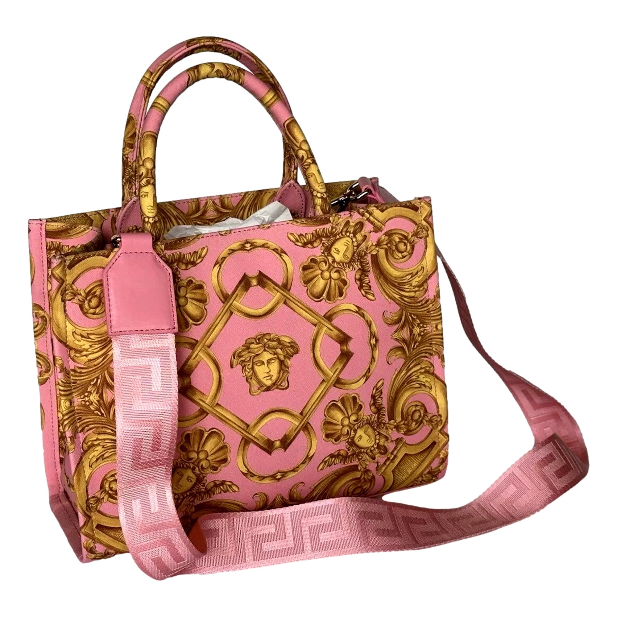 Versace Pink Tote: Elegant Small Canvas Tote with Signature Print -   Shop Bags LLC 