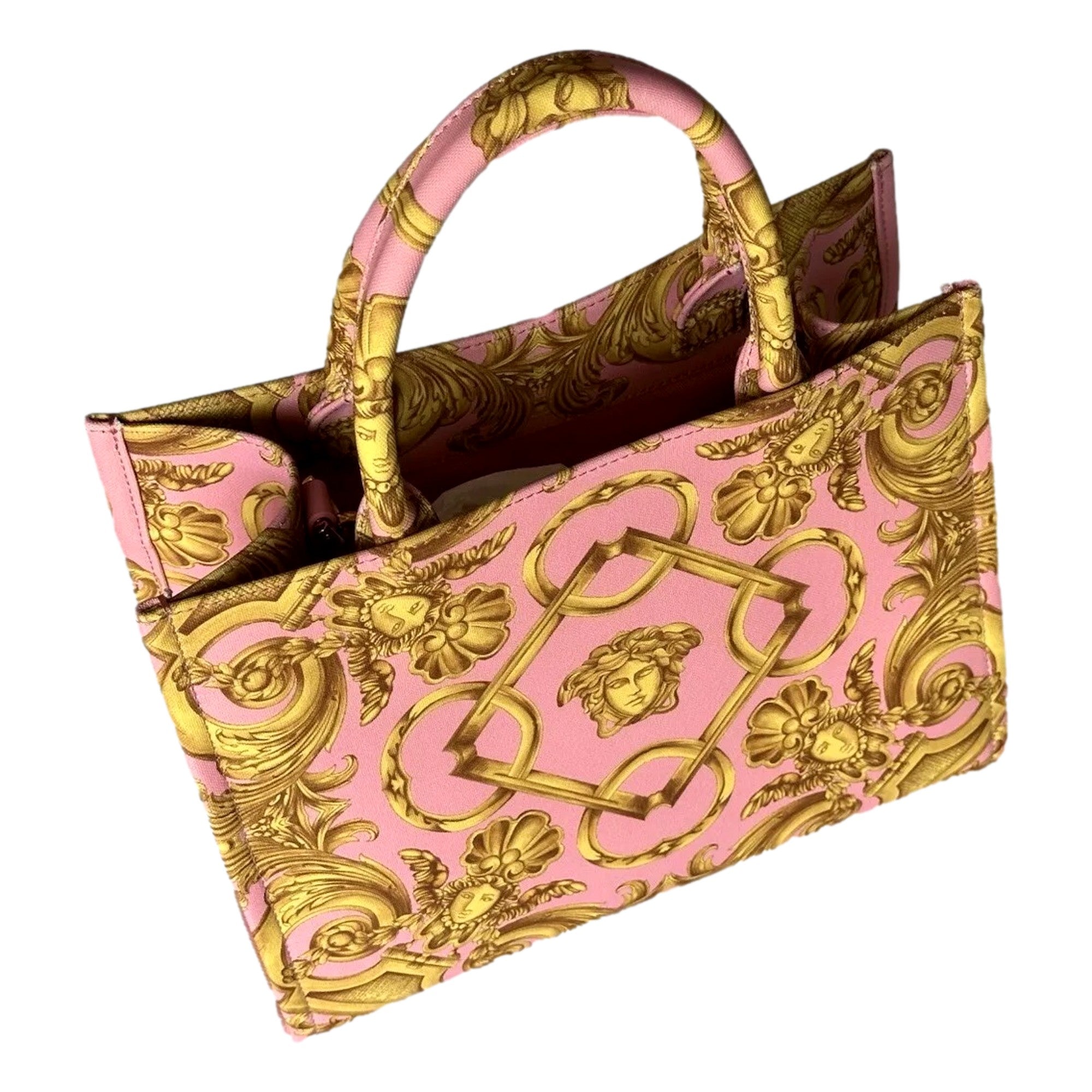 Versace Pink Tote: Elegant Small Canvas Tote with Signature Print -   Shop Bags LLC 