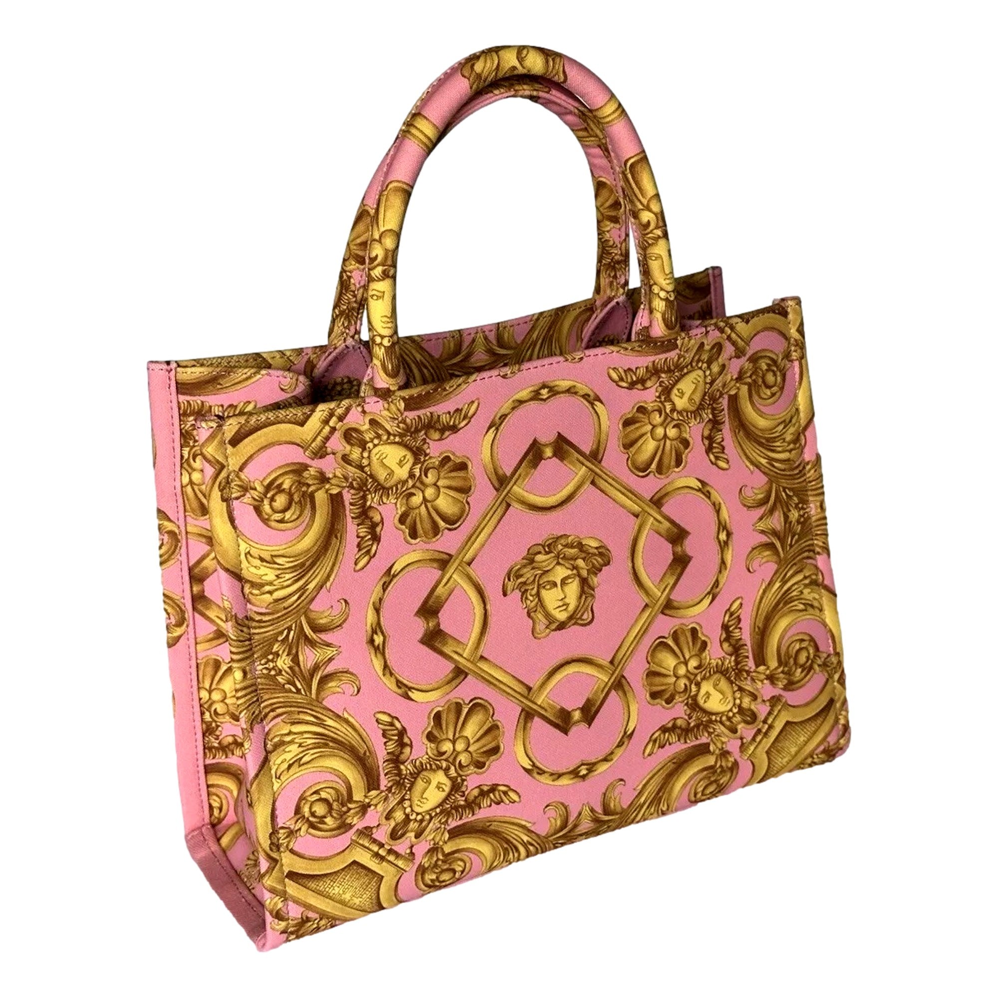 Versace Pink Tote: Elegant Small Canvas Tote with Signature Print -   Shop Bags LLC 