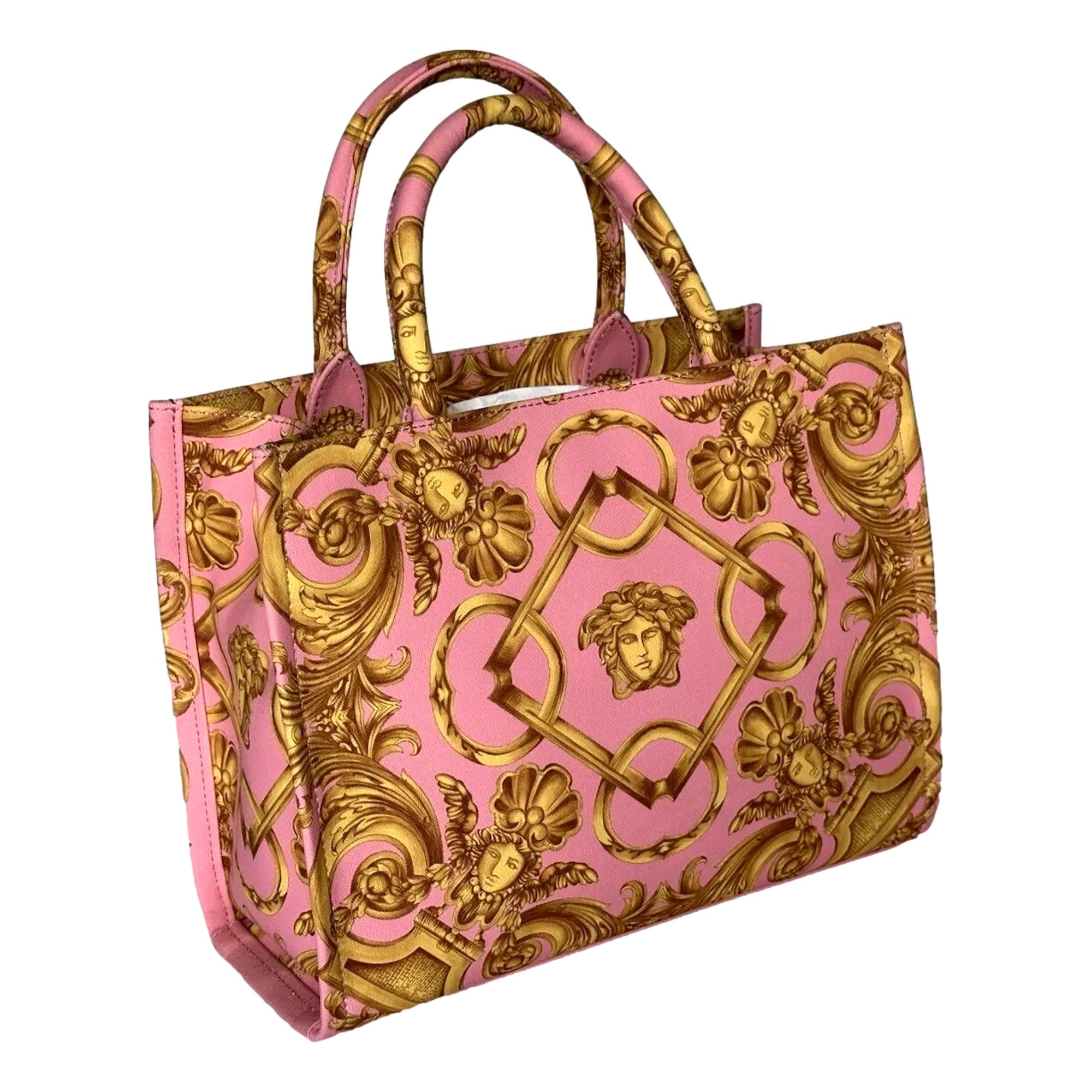 Versace Pink Tote: Elegant Small Canvas Tote with Signature Print -   Shop Bags LLC 