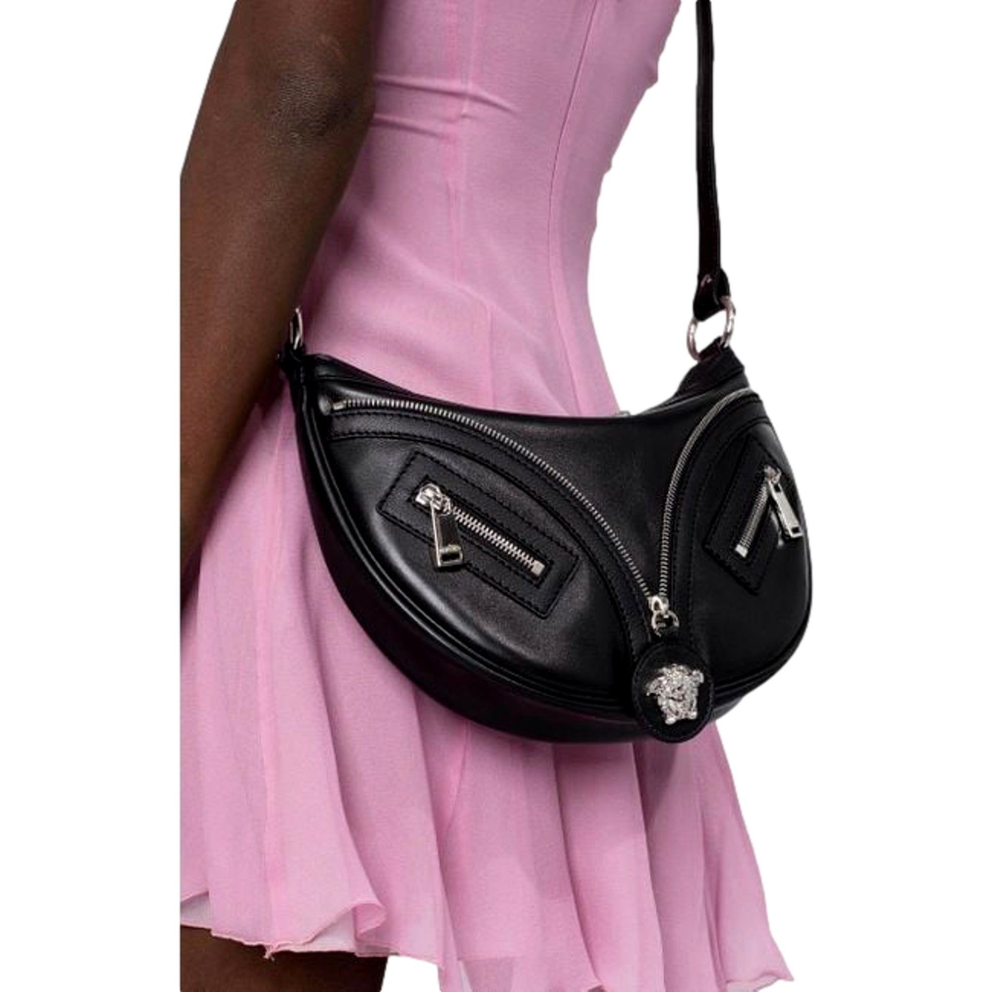 Versace Repeat La Medusa Small Hobo Shoulder Bag - Black Calfskin -   Shop Bags 