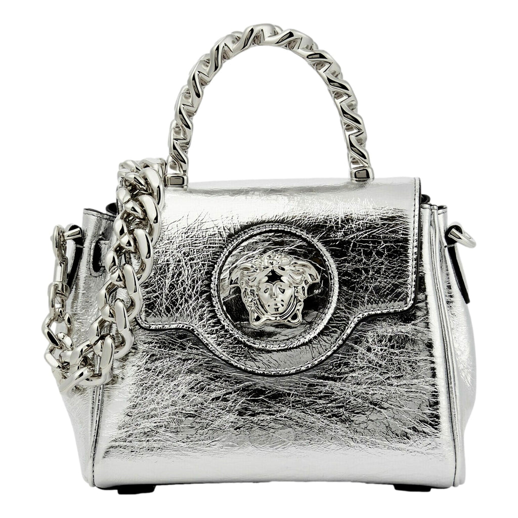 Versace Silver Bag - Top Handle Medusa Design - Luxury Handbag -   Shop Bags LLC 