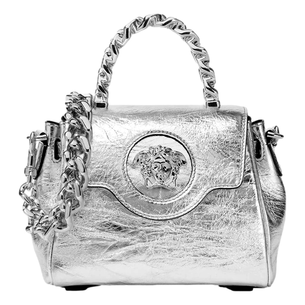 Versace Silver Bag - Top Handle Medusa Design - Luxury Handbag -   Shop Bags LLC 