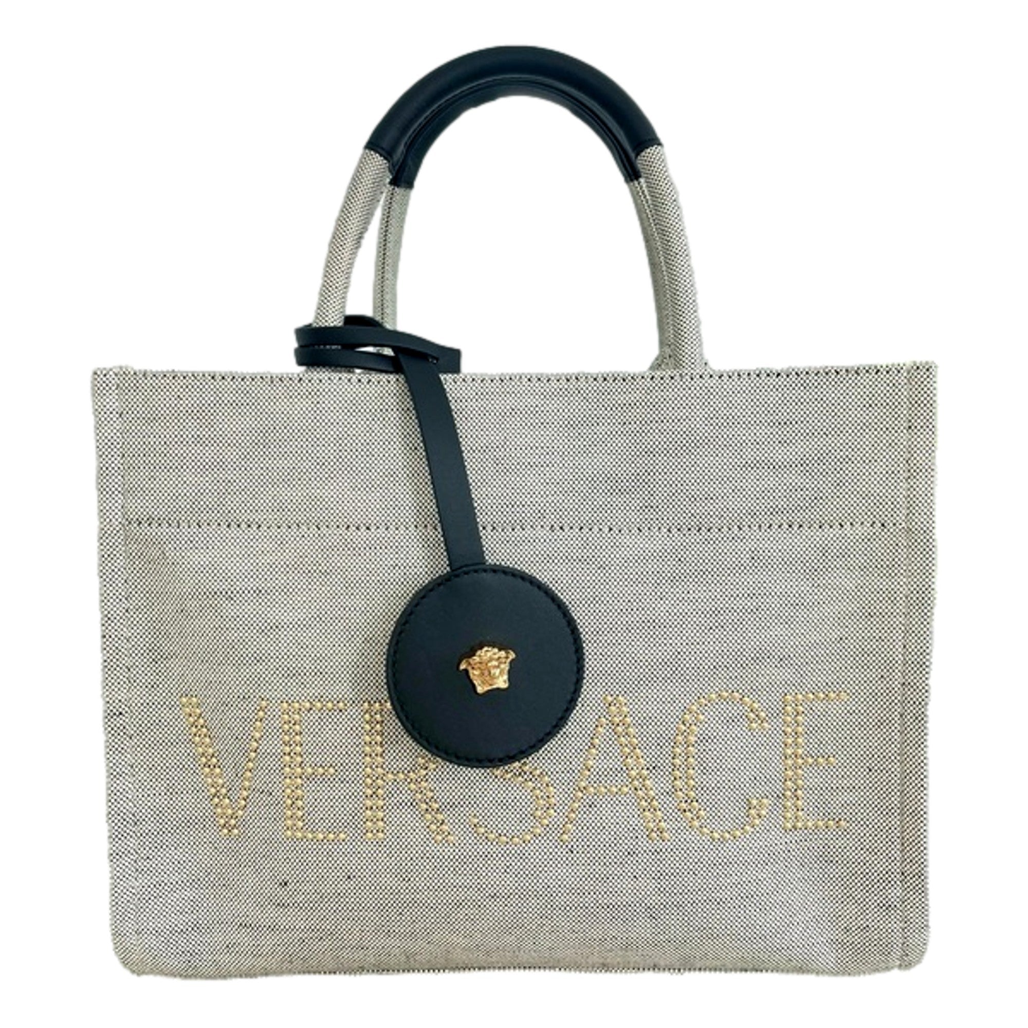Versace Studded Tote Bag - Luxury Ecru Canvas Bag for Any Occasion -   Shop Bags LLC 