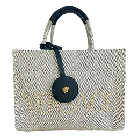 Versace Tote Bag: Ecru Canvas Mini Bag with Studded Logo Design -   Shop Bags LLC 
