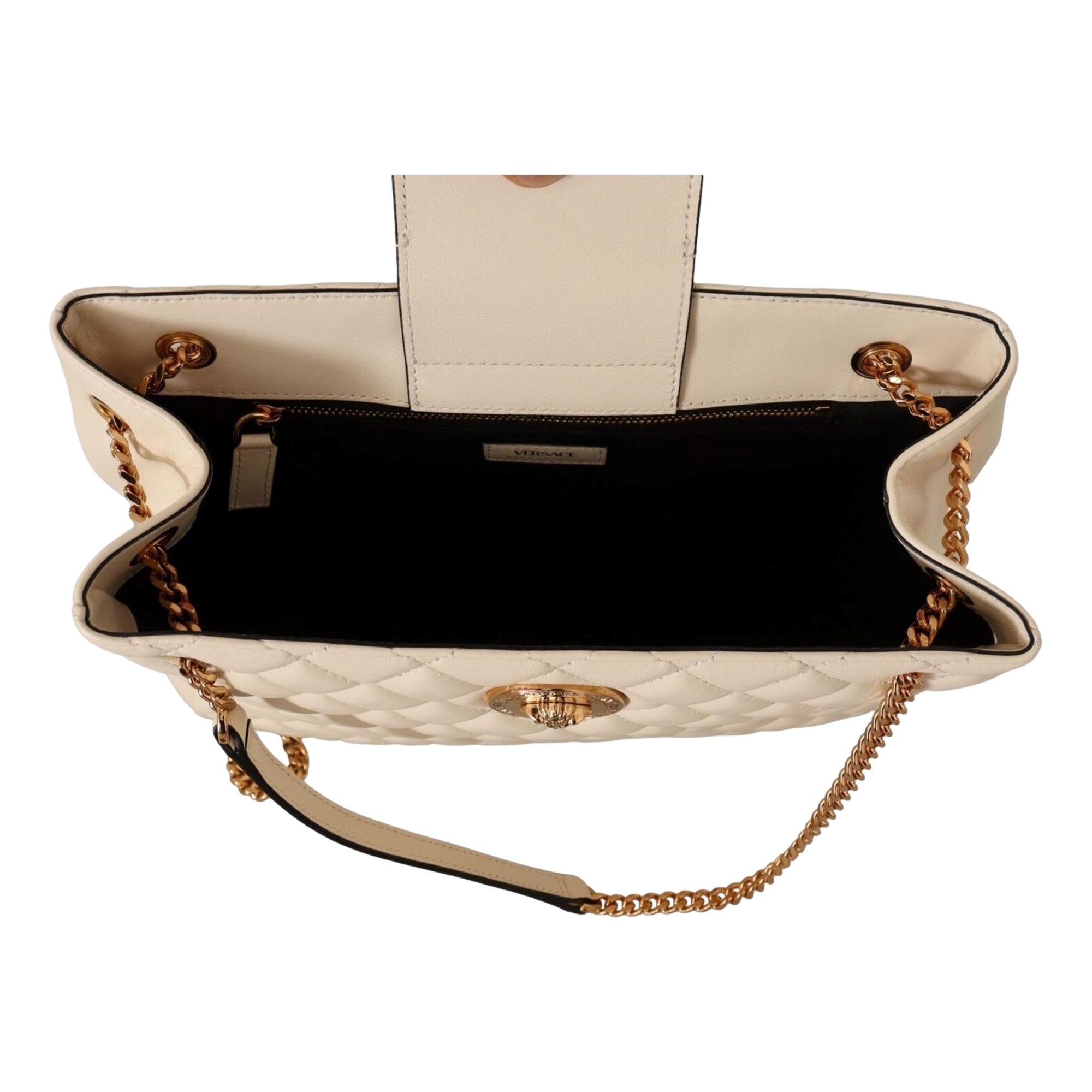 Versace Tote Bag: Elegant Quilted Ivory Bag with Medusa Chain Strap -   Shop Bags LLC 