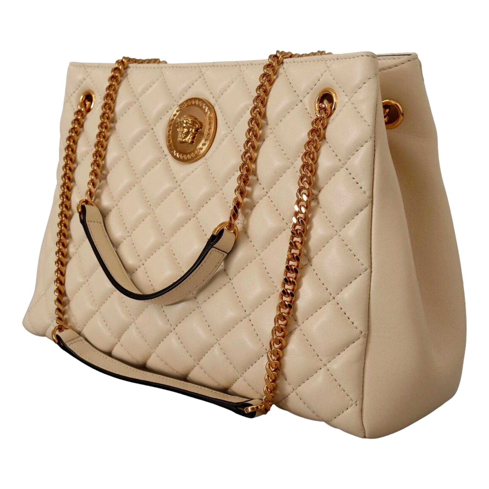 Versace Tote Bag: Elegant Quilted Ivory Bag with Medusa Chain Strap -   Shop Bags LLC 