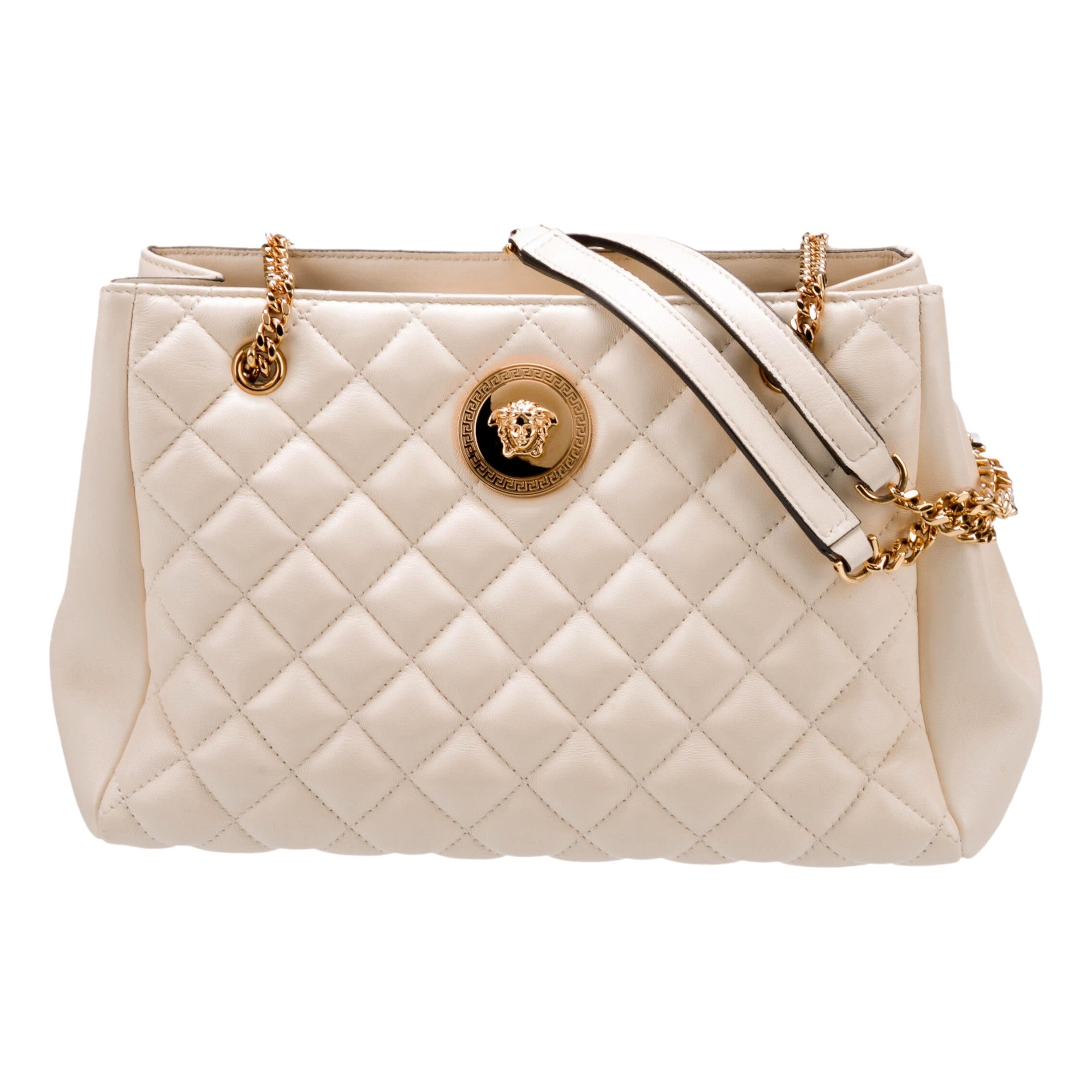Versace Tote Bag: Elegant Quilted Ivory Bag with Medusa Chain Strap -   Shop Bags LLC 