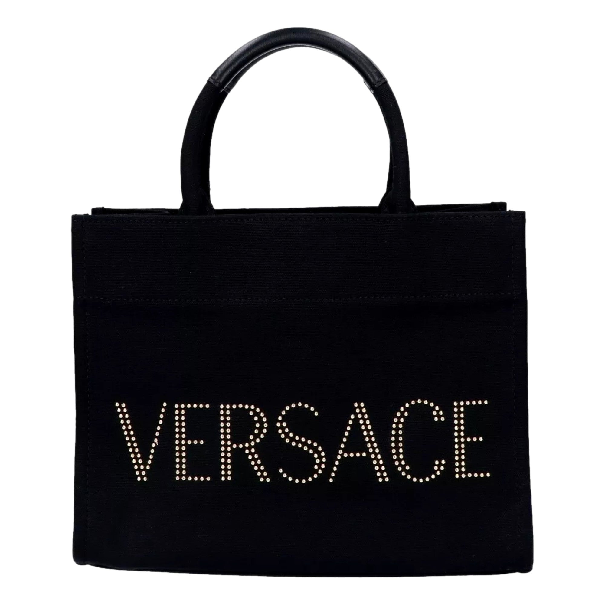 Versace Tote Bag - Luxury Handbag: Nero Canvas & Studded Elegance -   Shop Bags LLC 