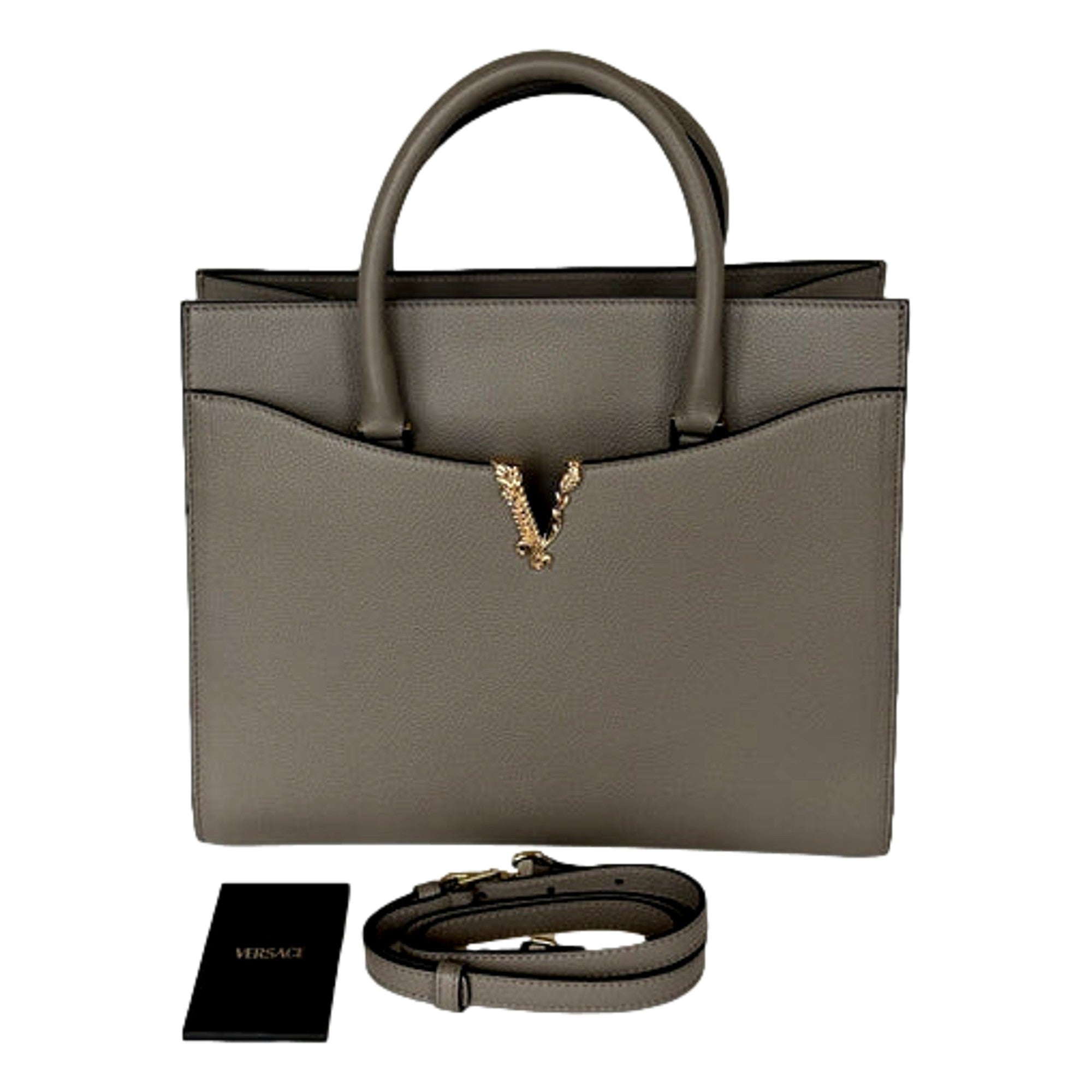 Versace Virtus Calfskin Leather Medium Top Handle Tote Taupe Grey -   Shop Bags LLC