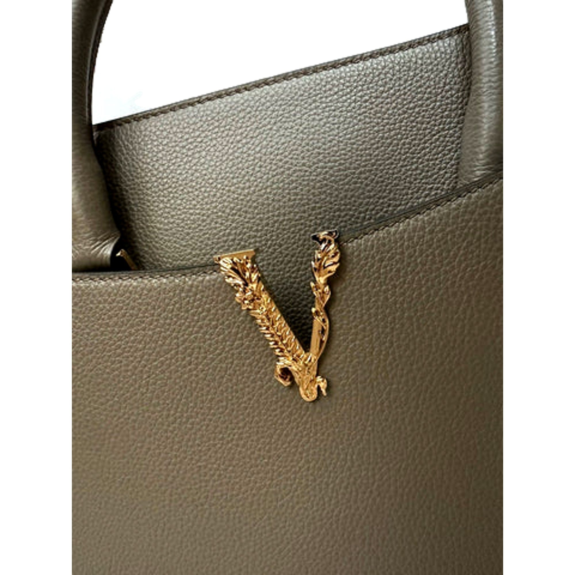 Versace Virtus Calfskin Leather Medium Top Handle Tote Taupe Grey -   Shop Bags LLC