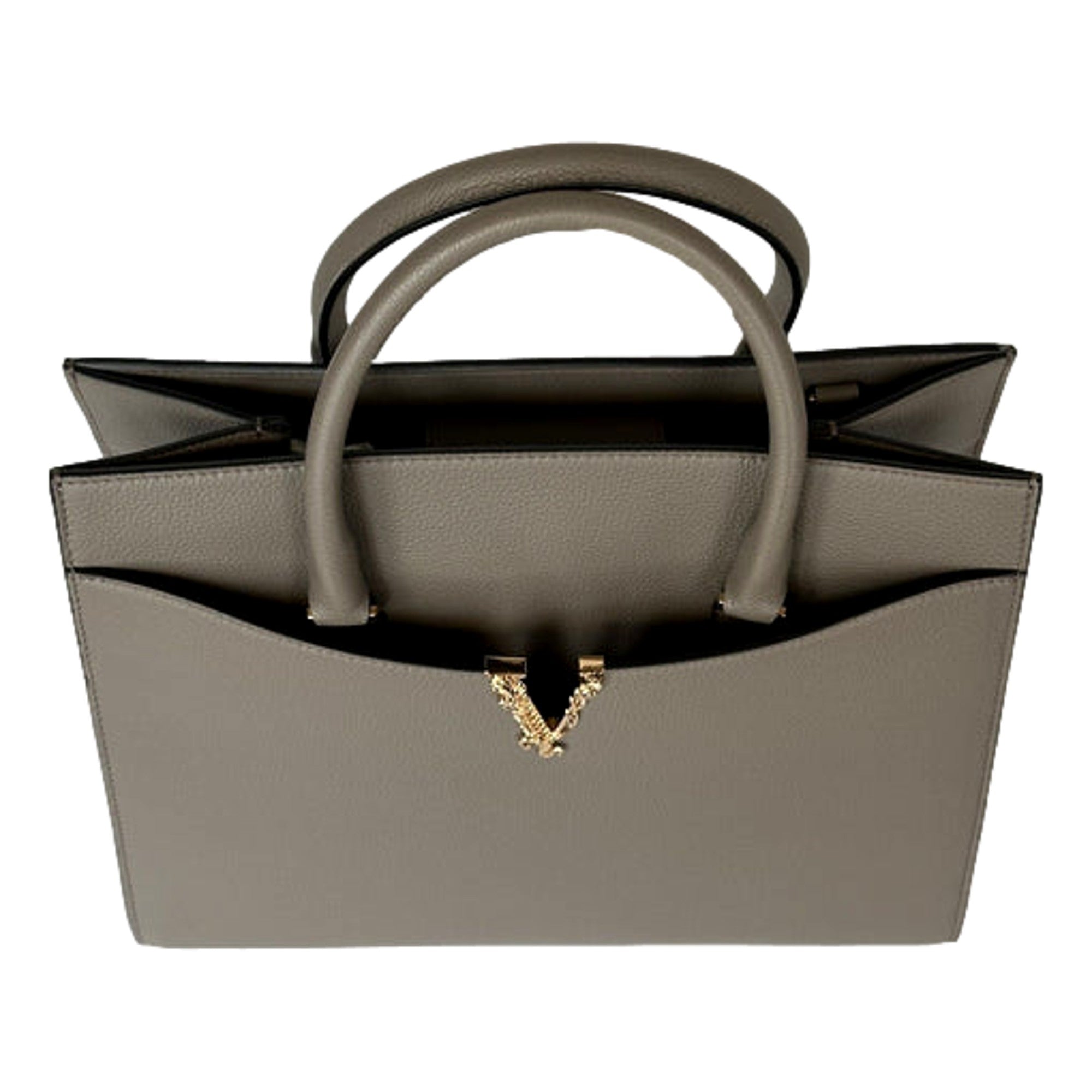 Versace Virtus Calfskin Leather Medium Top Handle Tote Taupe Grey -   Shop Bags LLC