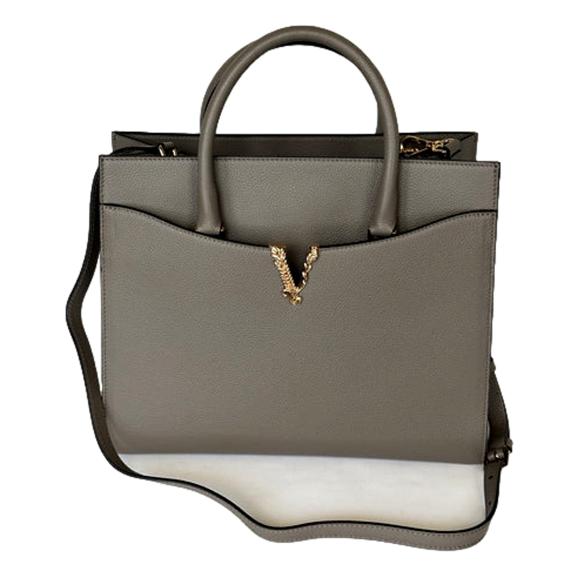 Versace Virtus Calfskin Leather Medium Top Handle Tote Taupe Grey -   Shop Bags LLC