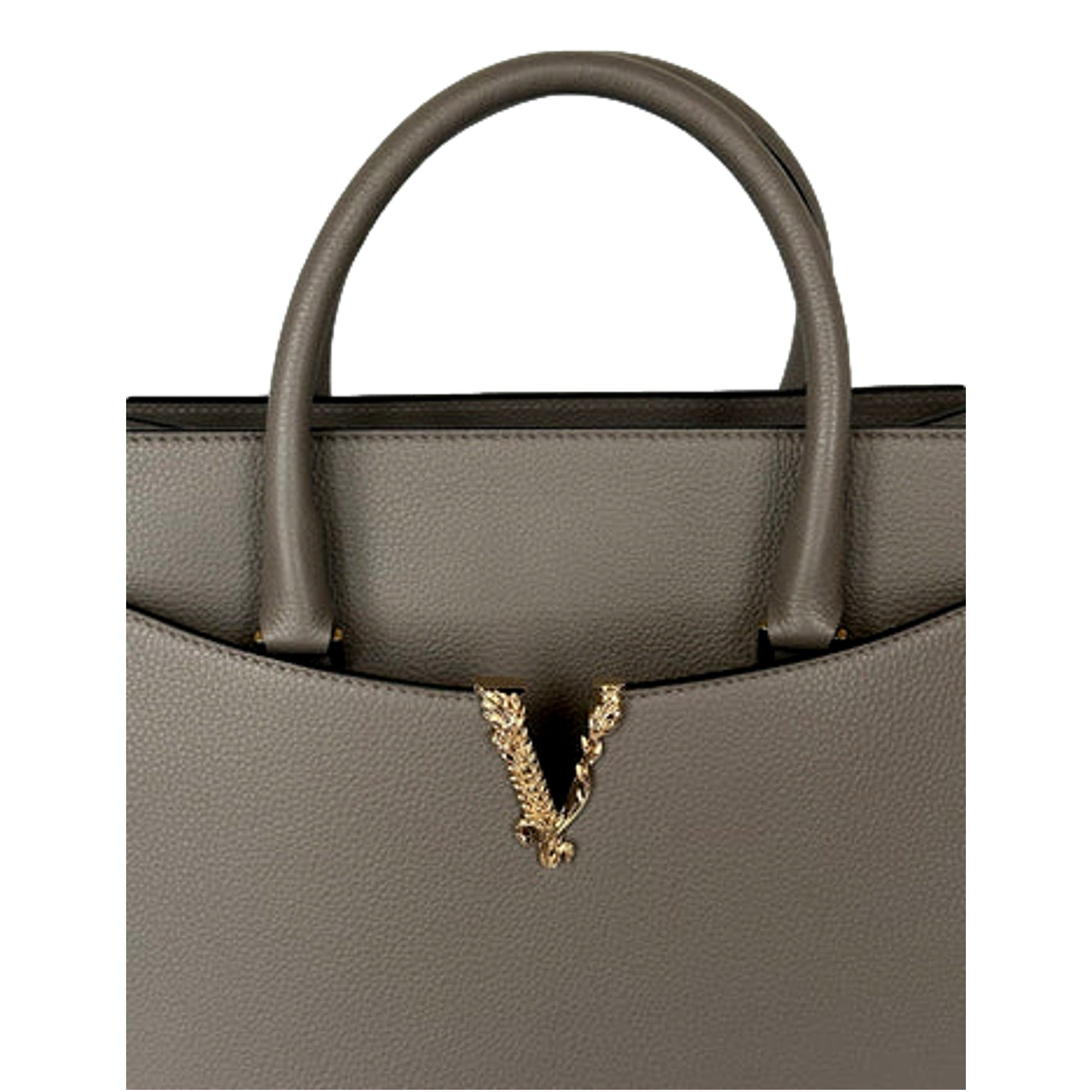Versace Virtus Calfskin Leather Medium Top Handle Tote Taupe Grey -   Shop Bags LLC