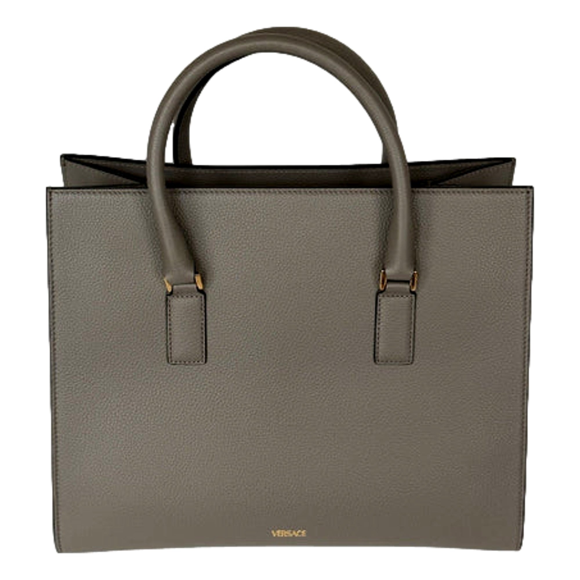 Versace Virtus Calfskin Leather Medium Top Handle Tote Taupe Grey -   Shop Bags LLC