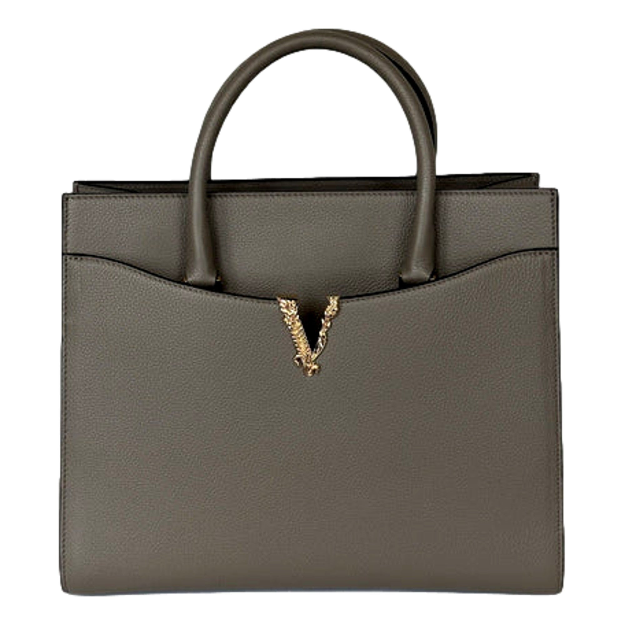 Versace Virtus Calfskin Leather Medium Top Handle Tote Taupe Grey -   Shop Bags LLC
