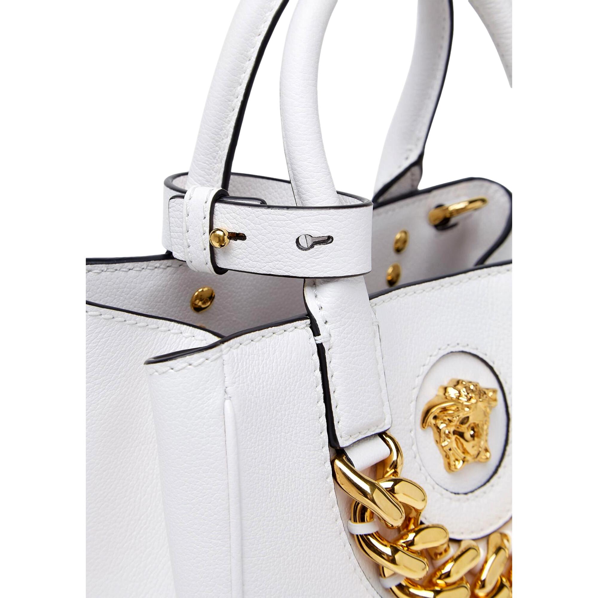 Versace White Tote Bag - Crossbody Style with Medusa Gold Plaque -   Shop Bags LLC 