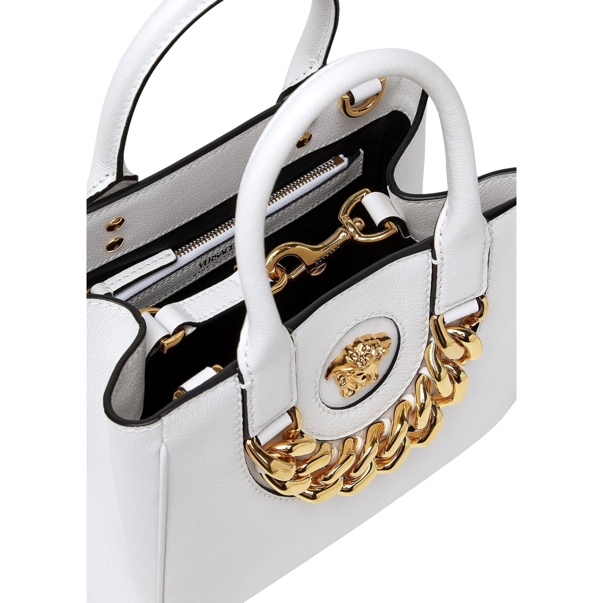 Versace White Tote Bag - Crossbody Style with Medusa Gold Plaque -   Shop Bags LLC 
