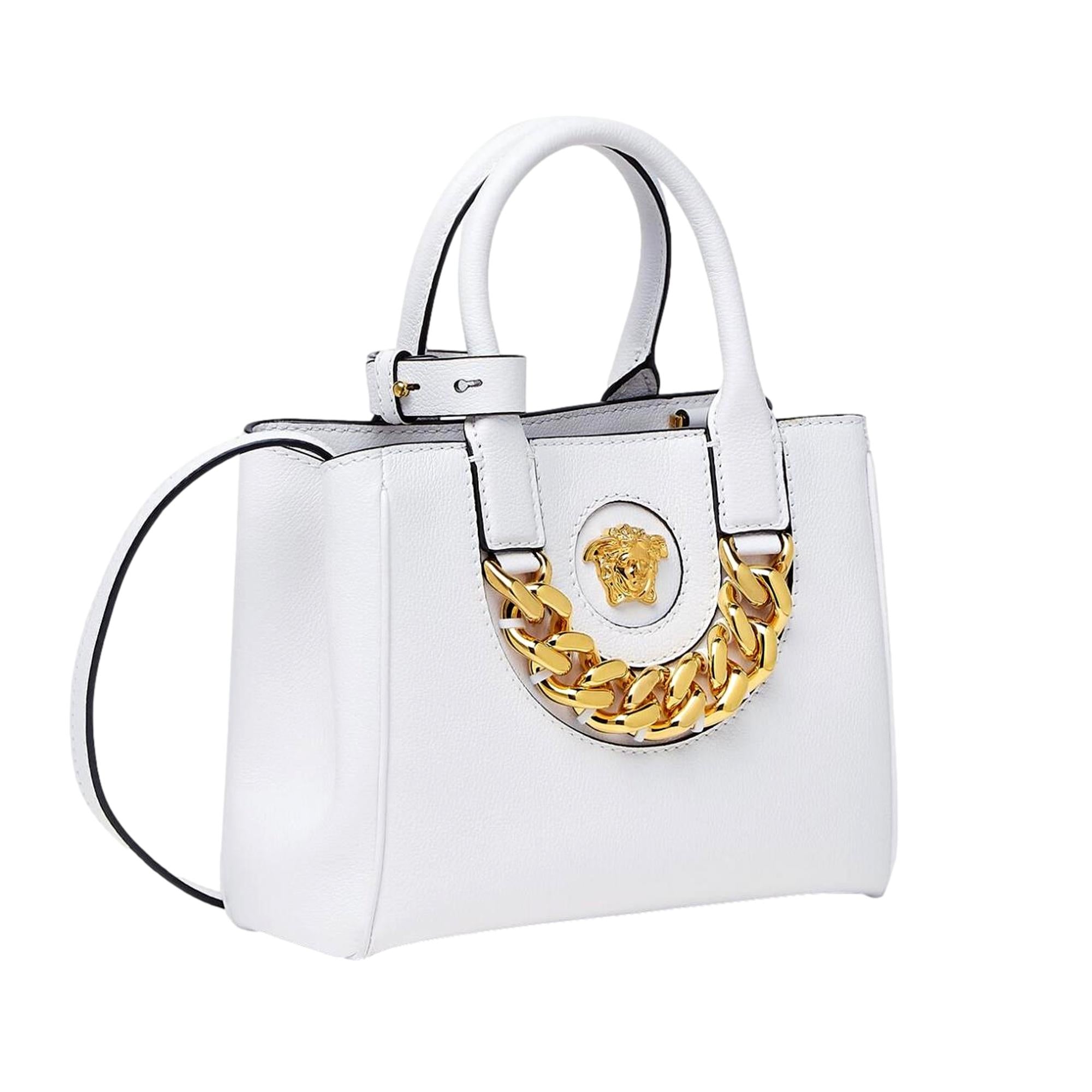 Versace White Tote Bag - Crossbody Style with Medusa Gold Plaque -   Shop Bags LLC 