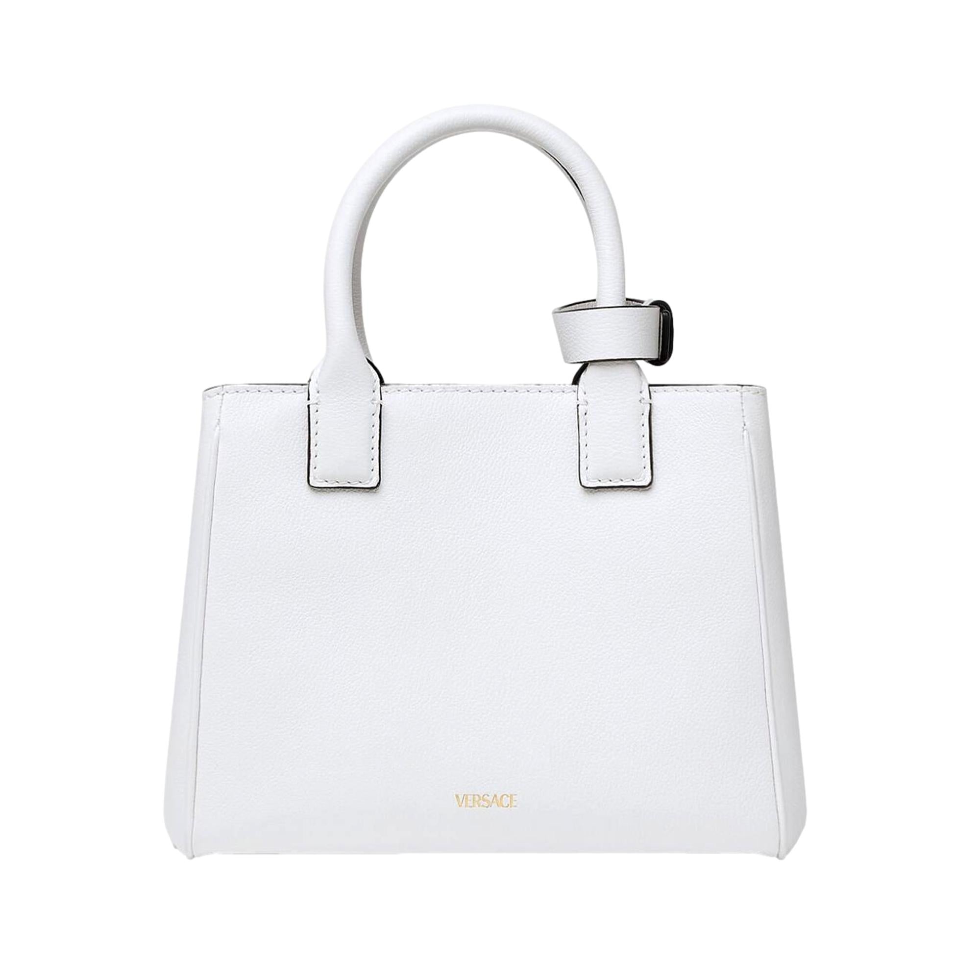 Versace White Tote Bag - Crossbody Style with Medusa Gold Plaque -   Shop Bags LLC 
