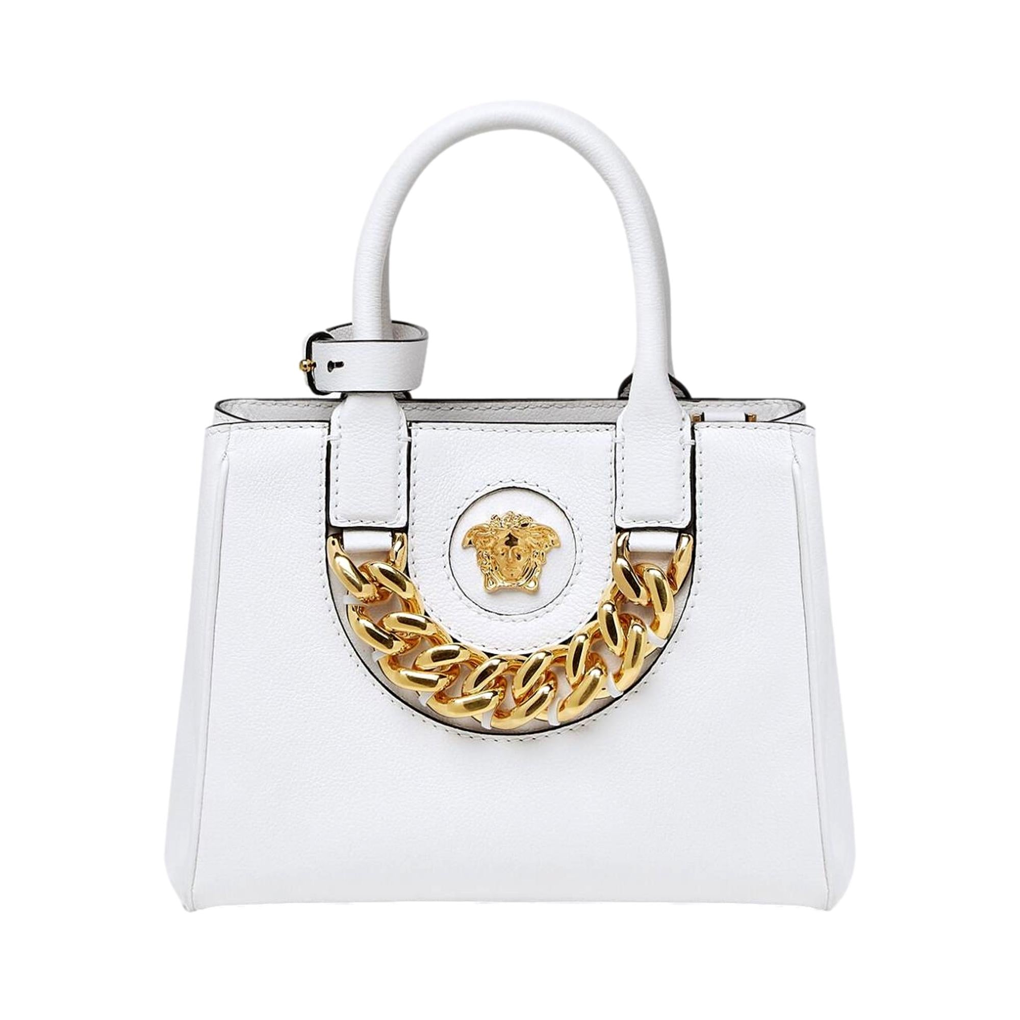 Versace White Tote Bag - Crossbody Style with Medusa Gold Plaque -   Shop Bags LLC 