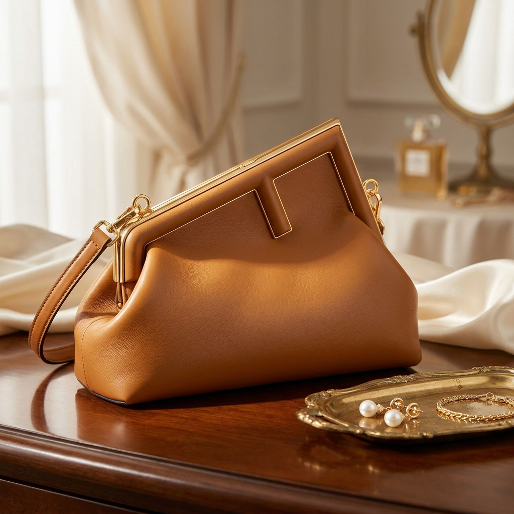 Brown handbag on a wooden surface with earrings and a bottle in the background