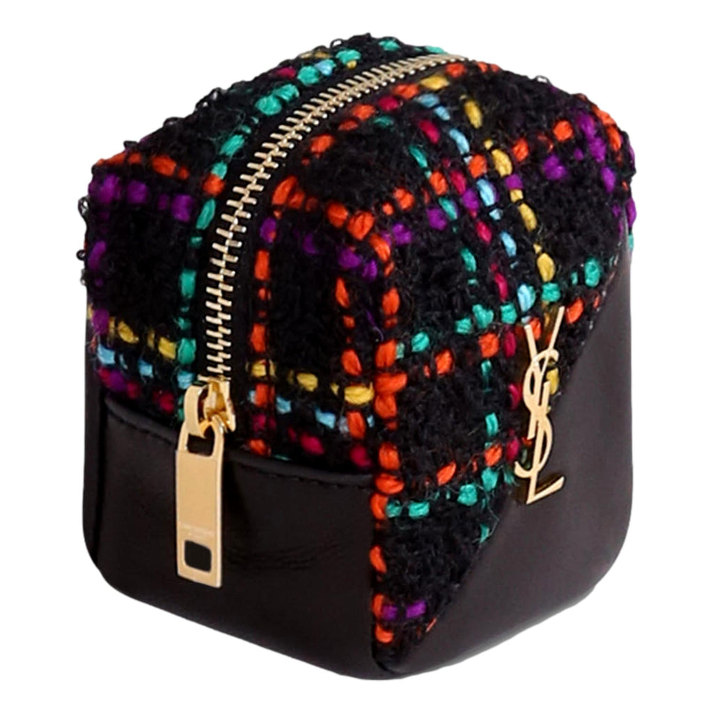 Luxurious YSL Keyring Cube: Multicolor Tweed & Leather Charm