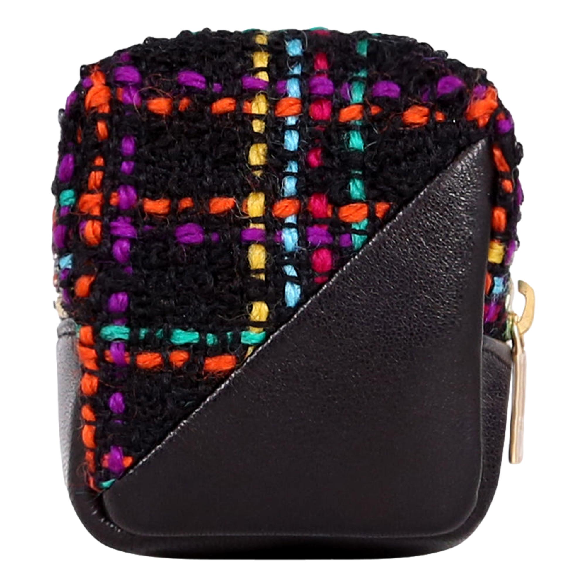Luxurious YSL Keyring Cube: Multicolor Tweed & Leather Charm