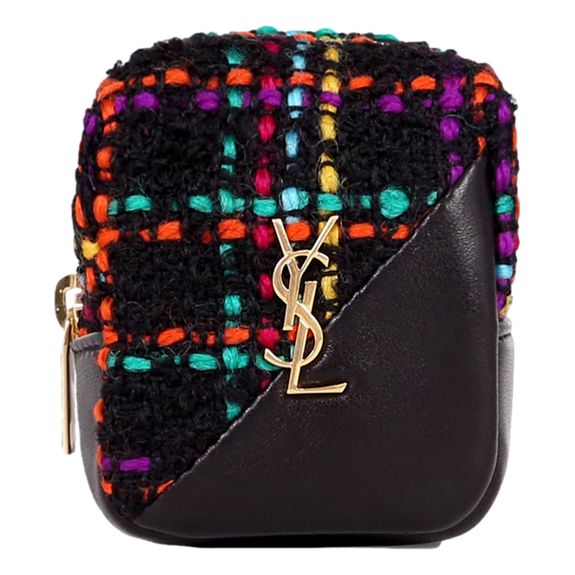 Luxurious YSL Keyring Cube: Multicolor Tweed & Leather Charm