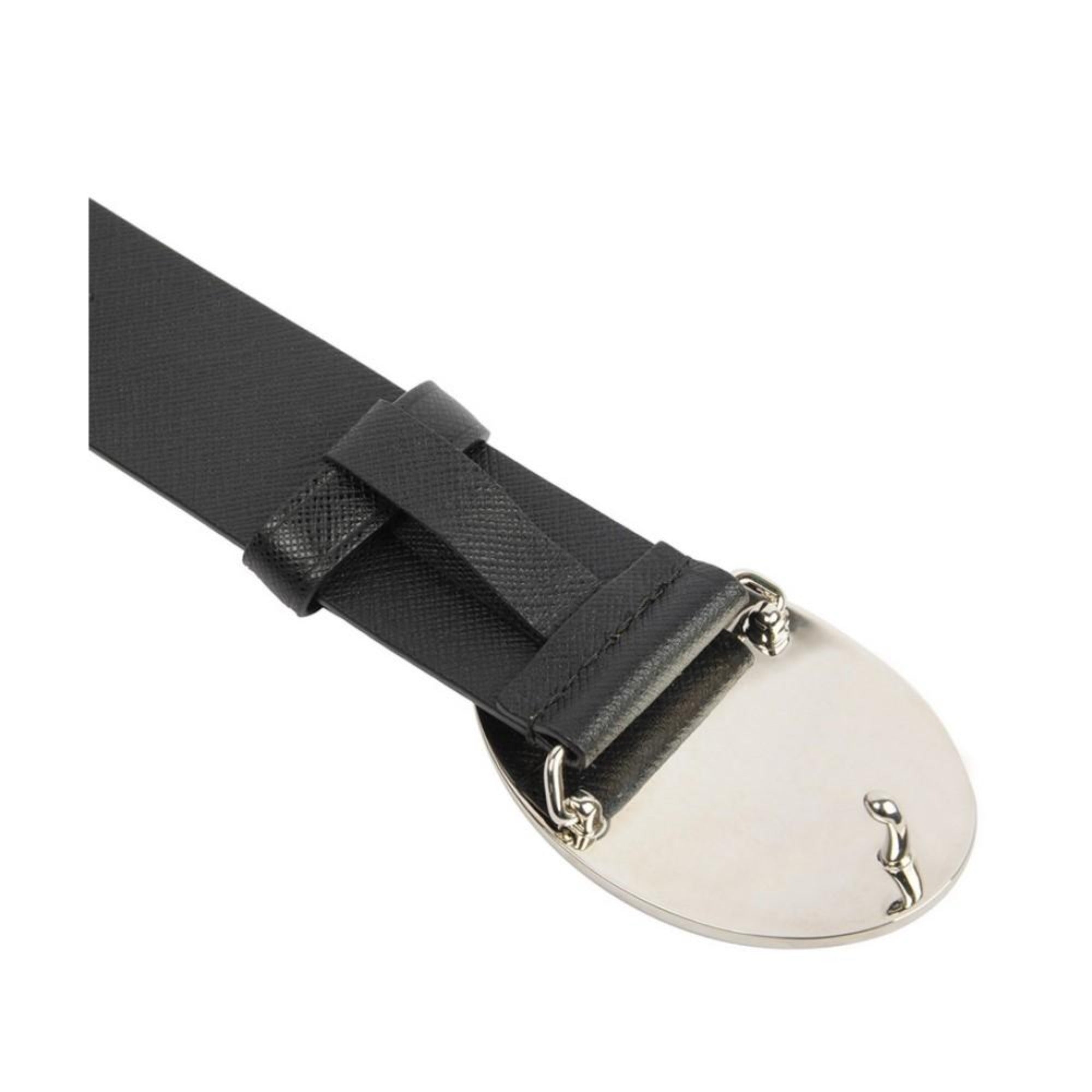 Prada Black Saffiano Leather Belt with Engraved Oval Buckle -  This Belt features black saffiano leather paired with a distinctive oval silver buckle engraved with the Prada logo. Its timeless design makes it a versatile accessory that complements any outfit with sophistication.Model: 2CM046Size: 110/44Black Saffiano LeatherSilver-toned hardwarePalladium plaque buckleIncludes Prada authenticity card and dust bagMade in Italy Shop Bags 