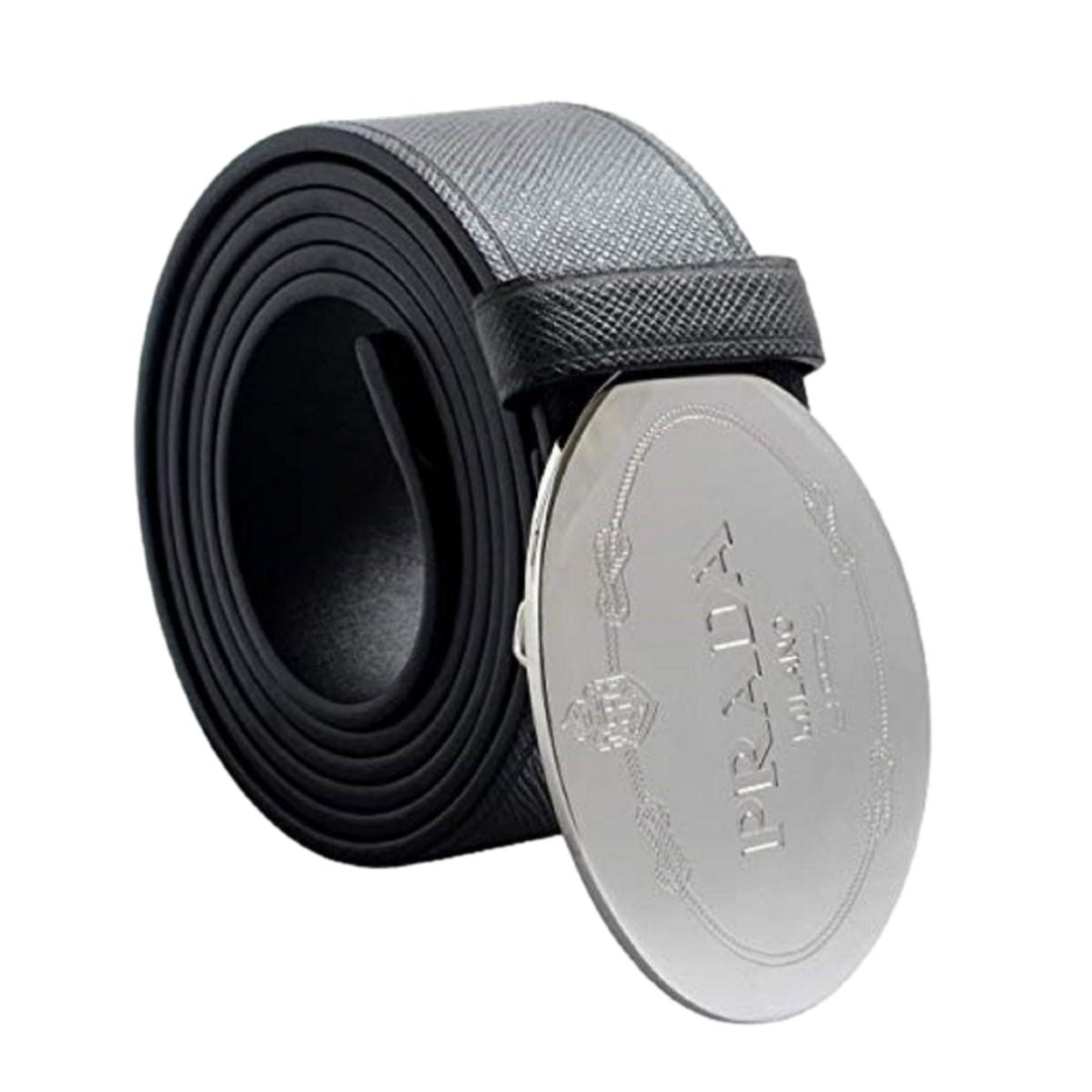 Prada Black Saffiano Leather Belt with Engraved Oval Buckle -  This Belt features black saffiano leather paired with a distinctive oval silver buckle engraved with the Prada logo. Its timeless design makes it a versatile accessory that complements any outfit with sophistication.Model: 2CM046Size: 110/44Black Saffiano LeatherSilver-toned hardwarePalladium plaque buckleIncludes Prada authenticity card and dust bagMade in Italy Shop Bags 