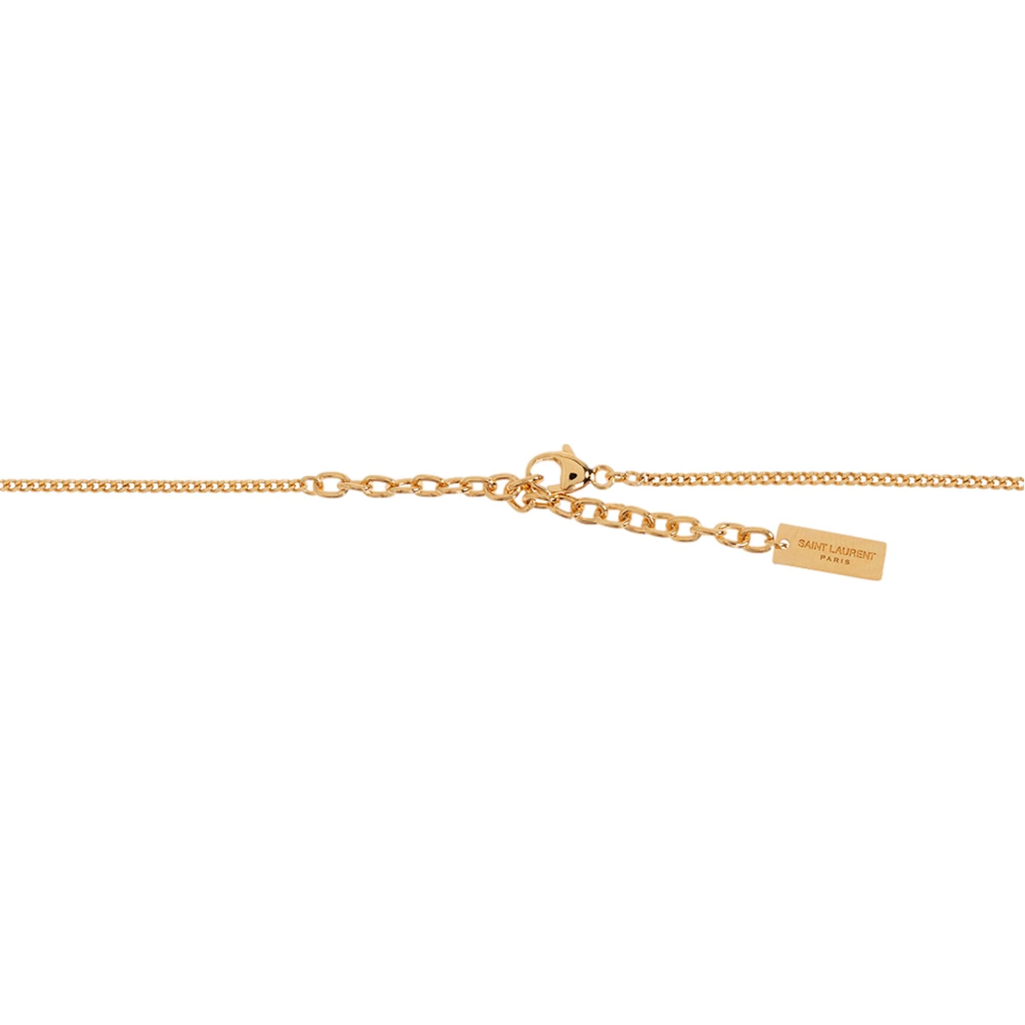 Elegant Saint Laurent Necklace, Shop Bags & More Online Now -  This Saint Laurent Necklace showcases the signature YSL logo in a long opyum twist design. A favored classic, it complements various styles effortlessly. The distinctive charm adds a refined touch, enhancing this elegant piece’s appeal.Model : 670470Gold-TonedChain Drop: 15.5-16.5"Pendant Measurements: 1" x 0.5" (HW)Lobster Claw ClosureSaint Laurent Paris Engraving Tag on chainIncludes authenticity cards and dust bagMade in Italy Shop Bags 