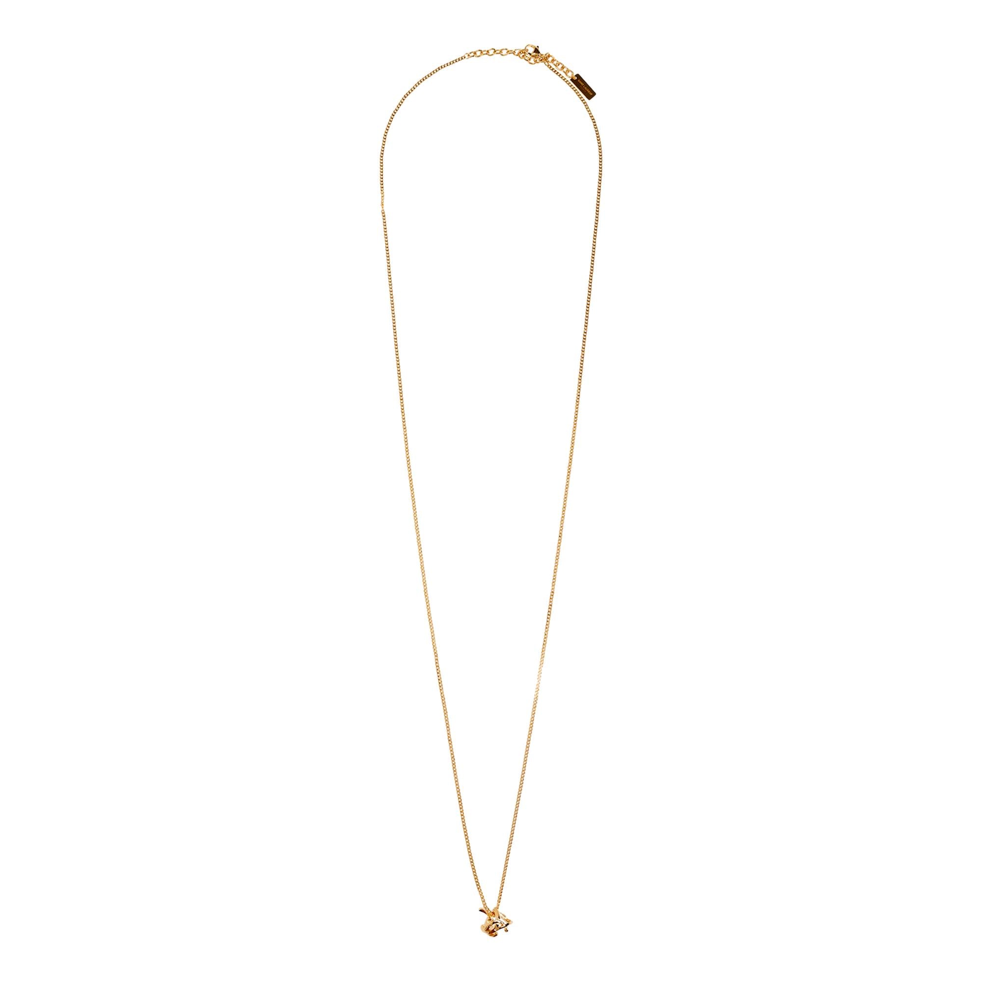 Elegant Saint Laurent Necklace, Shop Bags & More Online Now -  This Saint Laurent Necklace showcases the signature YSL logo in a long opyum twist design. A favored classic, it complements various styles effortlessly. The distinctive charm adds a refined touch, enhancing this elegant piece’s appeal.Model : 670470Gold-TonedChain Drop: 15.5-16.5"Pendant Measurements: 1" x 0.5" (HW)Lobster Claw ClosureSaint Laurent Paris Engraving Tag on chainIncludes authenticity cards and dust bagMade in Italy Shop Bags 