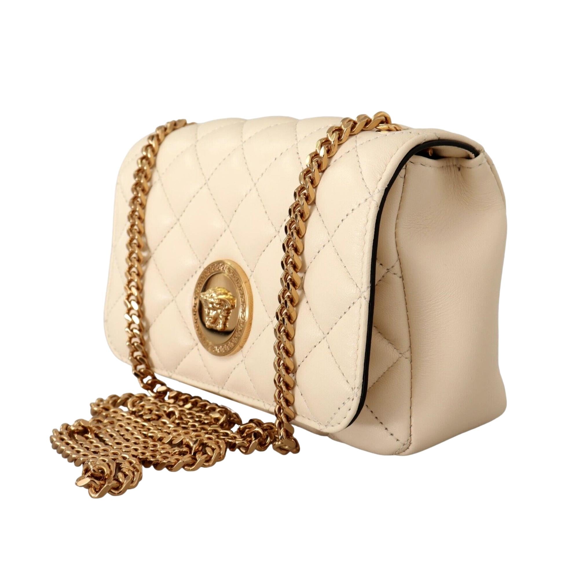 Chain Small Crossbody Bag - Versace La Medusa Quilted Beige Luxury