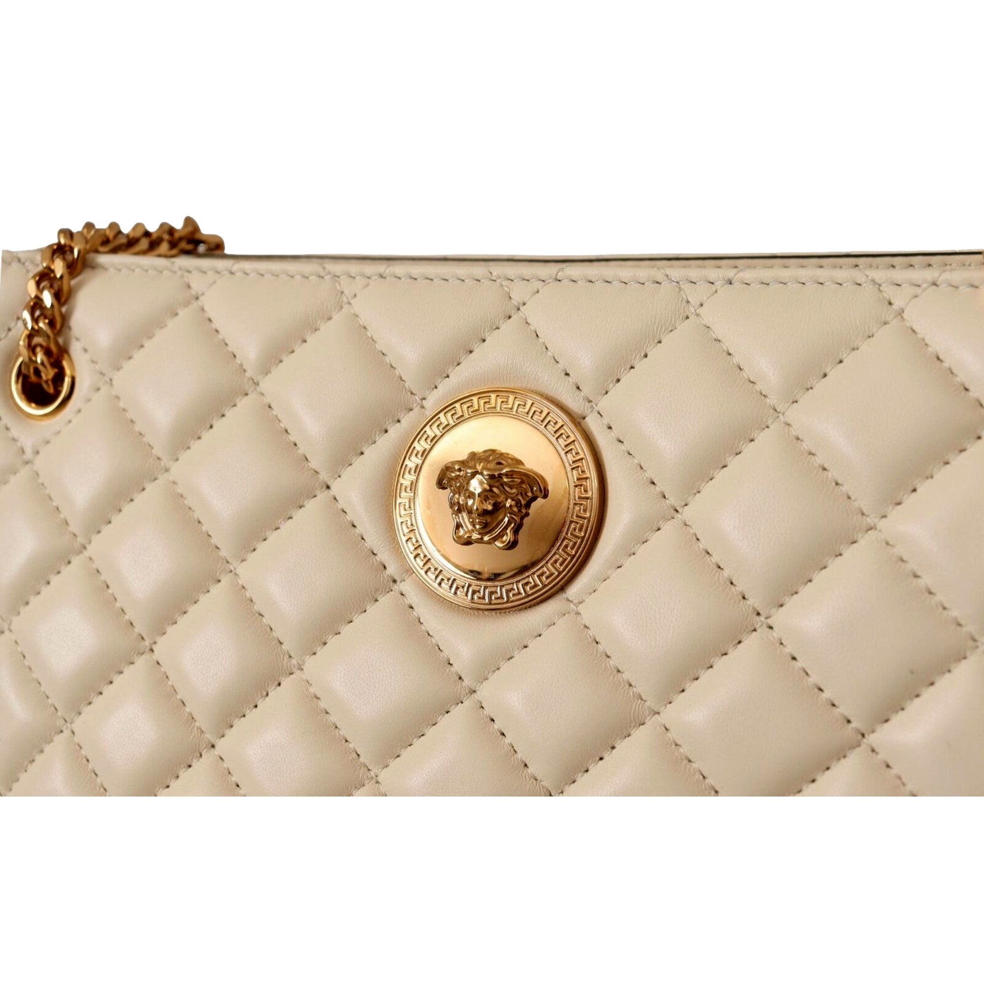 Versace Tote Bag: Elegant Quilted Ivory Bag with Medusa Chain Strap