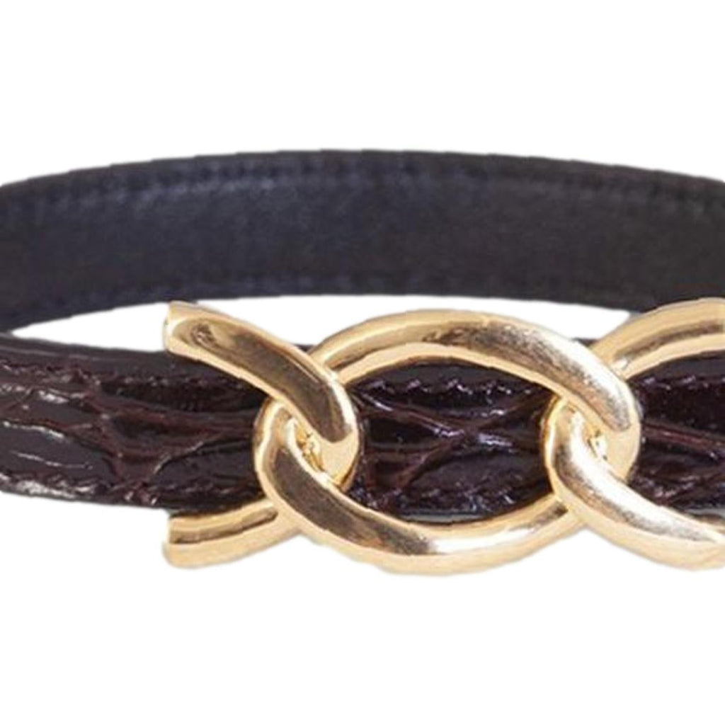 Saint Laurent Croc Embossed Leather Chain Bracelet - Elegance -  This Saint Laurent Bracelet features black leather embossed with a crocodile pattern, paired with a bold gold cub chain. The interior bears a subtle debossed "Saint Laurent" logo. Perfect for elevating daily wear or adding a refined touch to formal ensembles.Model: 640736Calfskin leather with crocodile texture embossedGold curb chain metalAdjustable hook closureSaint Laurent logo embossed on interiorIncludes authenticity cardsMade in Italy