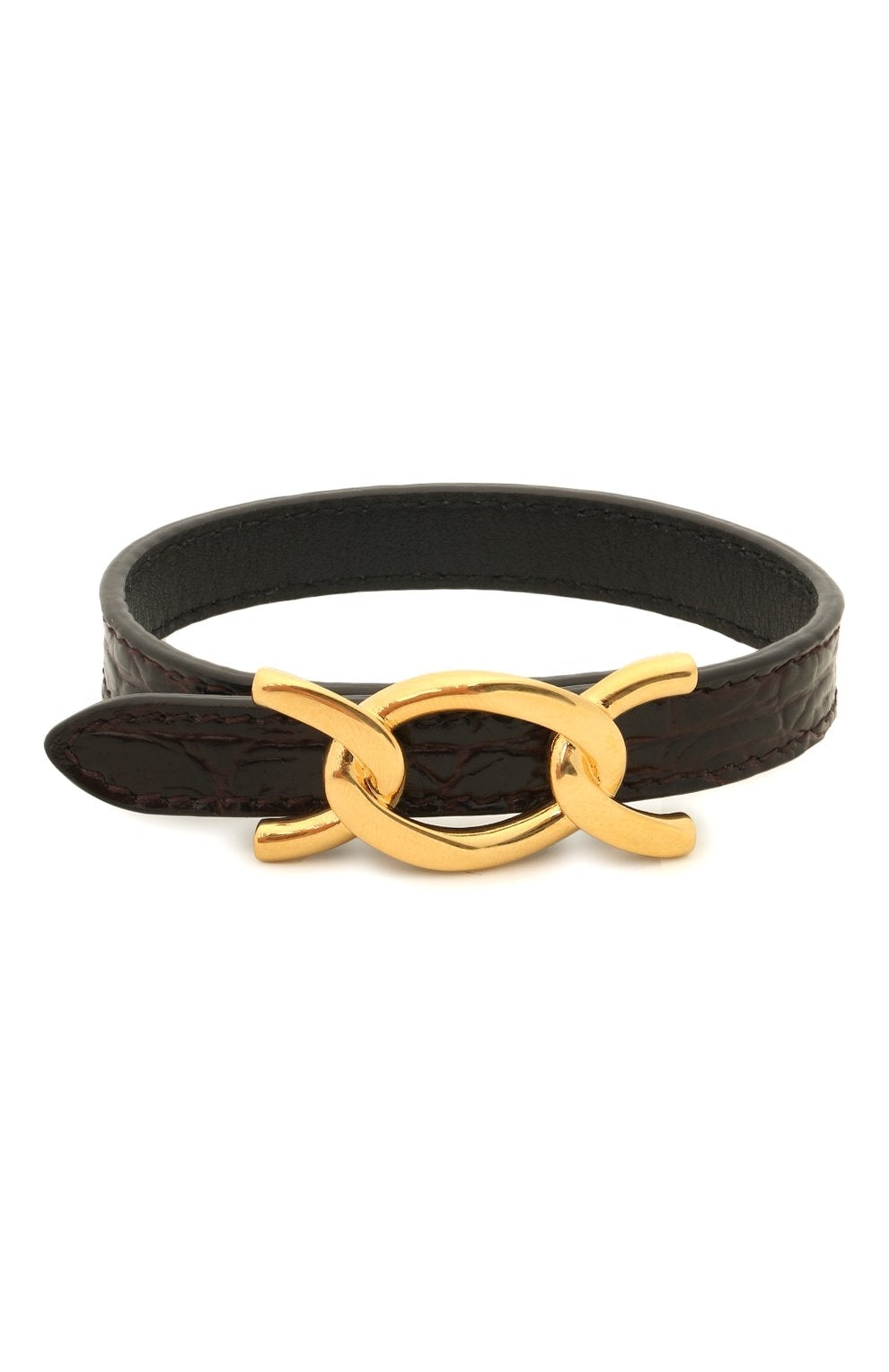 Saint Laurent Croc Embossed Leather Chain Bracelet - Elegance -  This Saint Laurent Bracelet features black leather embossed with a crocodile pattern, paired with a bold gold cub chain. The interior bears a subtle debossed "Saint Laurent" logo. Perfect for elevating daily wear or adding a refined touch to formal ensembles.Model: 640736Calfskin leather with crocodile texture embossedGold curb chain metalAdjustable hook closureSaint Laurent logo embossed on interiorIncludes authenticity cardsMade in Italy