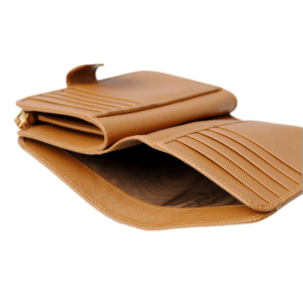 Prada Caramel Saffiano Leather Wallet - Gold Logo, Zipper & Style